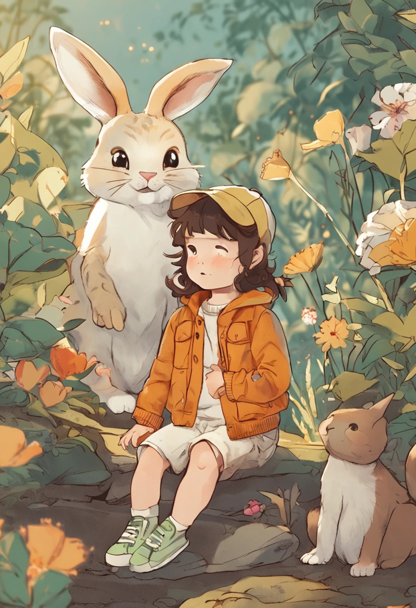 Childrenswear outfit, 児童書, A rabbit, A cat, at a forest, pleasing, cheerful, stas
