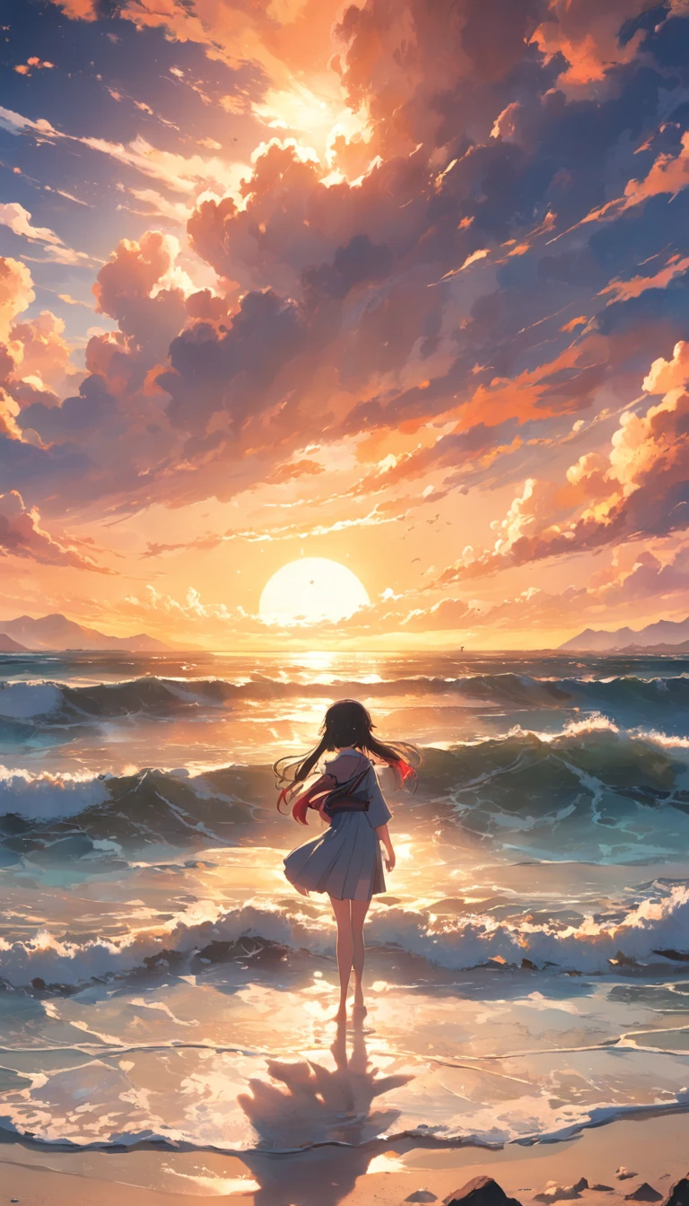 tmasterpiece,best qualtiy,cinematic Film still from,Warm and soft lighting,the setting sun,swell sea,sandbeach,No Man