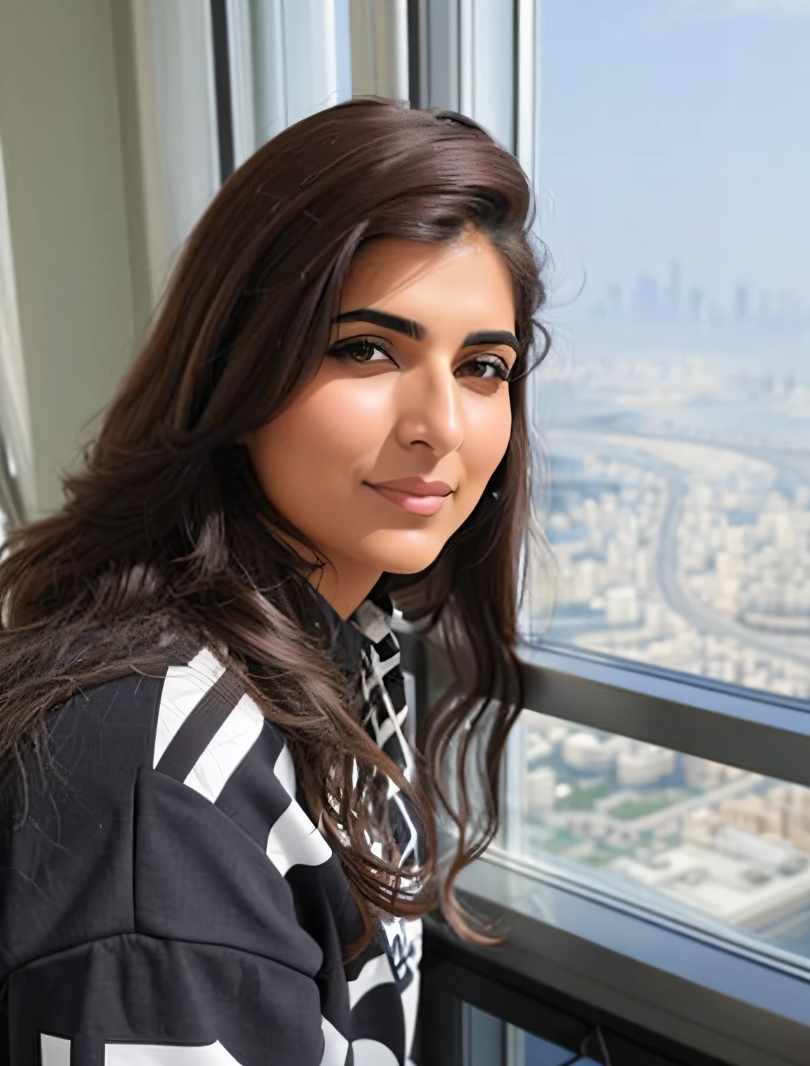 arafed woman sitting in front of a window looking out at the city, ameera al taweel, ameera al-taweel, stood on top of a sky scraper, arab ameera al taweel, mia khalifa, amazing view, arab ameera al-taweel, taken with my nikon d 3, beautiful view
