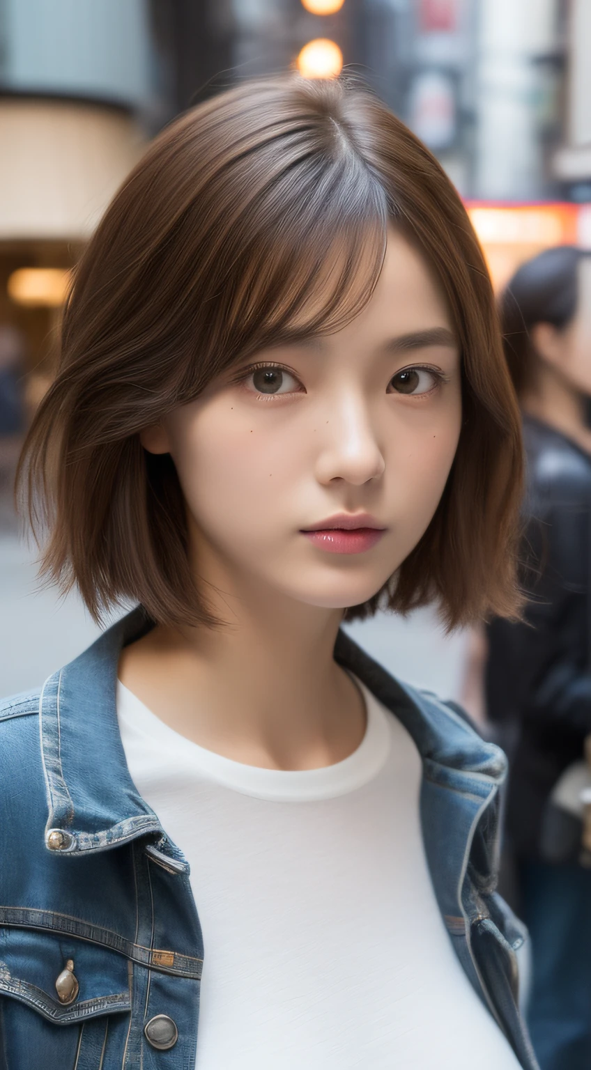 (Raw photography:1.2)、(Photorealsitic:1.4)、(masterpiece:1.3)、(top-quality:1.4)、超A high resolution、(A detailed eye)、(detailed facial features)、(detailed clothes features)、8K分辨率、solofocus、bangss、skin tightening、(shinny skin)、toned legs、(Slender girl)、(a japanese girl)、(Japan Faces)、((short-hair:1.2))、1 girl in、Slim Beauty:1.3、brown haired、Delicate hair、(Colossal tits:1.3)、new york streets、Detailed street fashion、White T-shirt、hotpants、Looking at the camera