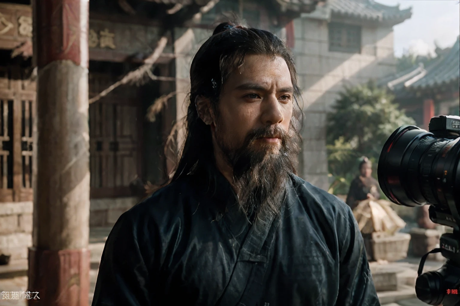 Photograph of a HENRYCAVILL PERSON as a Guan Yu in the movie Romance of Three Kingdoms, chinese long beard, warm atmosphere, Captured by Panavision Panaflex Platinum Camera with Panavision Primo Primes Spherical Lens 50mm T1.9