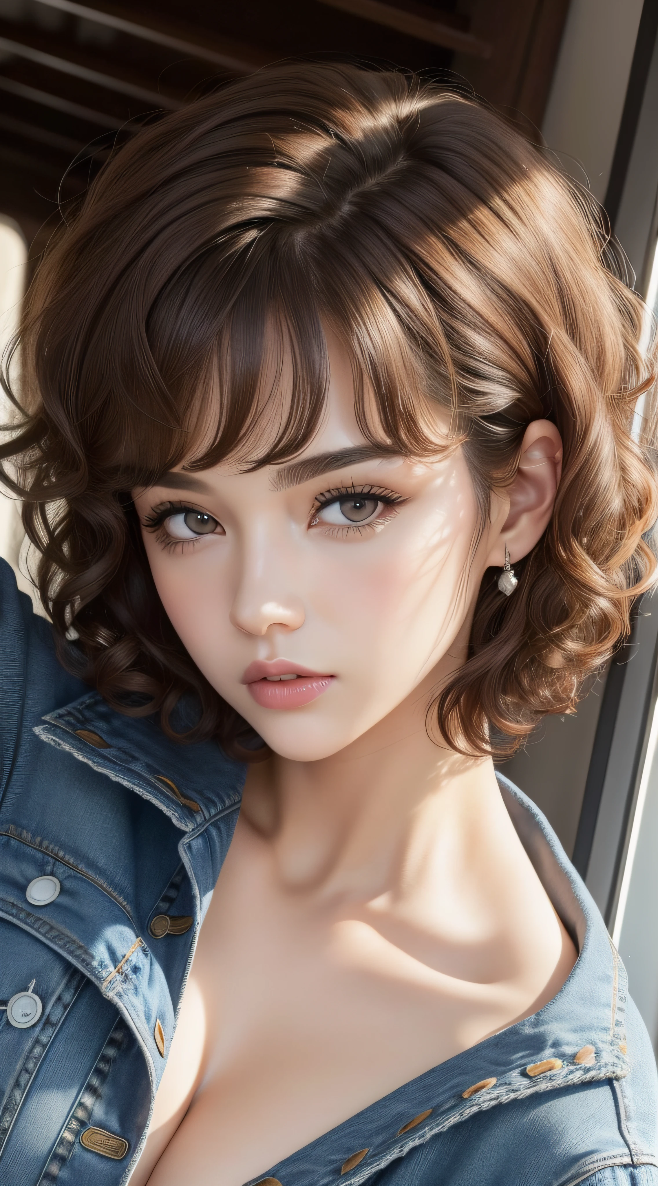 beautiful women, college girl, masterpiece, best quality, ultra detailed, photo realistic, shiny eyes, detailed face, collarbone, beautiful eyes, big grey eyes, detailed eyeshadows, brown hair, lip gloss, pink lip, makeup, sexy legs, (attractive:1.5), sharp focus, puffy eyes, (kpop idol:1), full body, (bangs:1.3), (curly hair:1.3), (short hair:1.6), denim jacket, half denim pants, (beautiful:1.5)