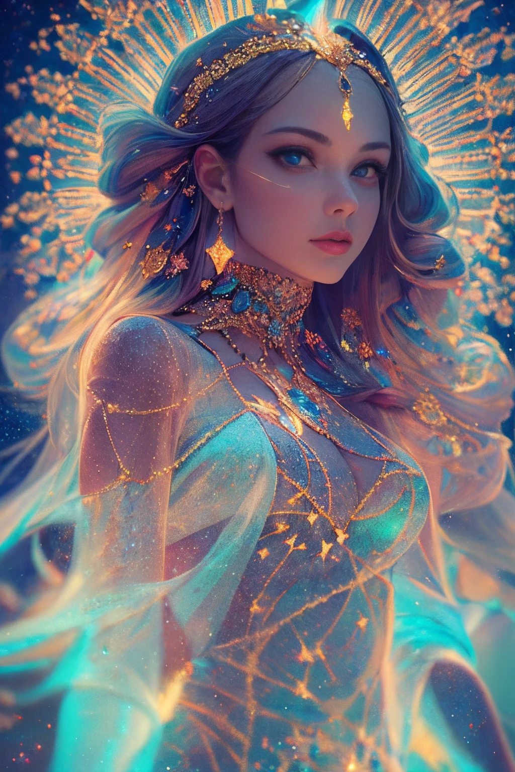 ((best quality)), ((masterpiece)), ((realistic)), portrait,
1girl, celestial, deity, goddess, light particles, halo, looking at viewer,
(bioluminescent:0.95) ocean, bioluminescent, vibrant, colourful, color, (glowing, glow),
(beautiful composition), cinematic lighting, intricate, (symmetrical:0.5), whimsical,