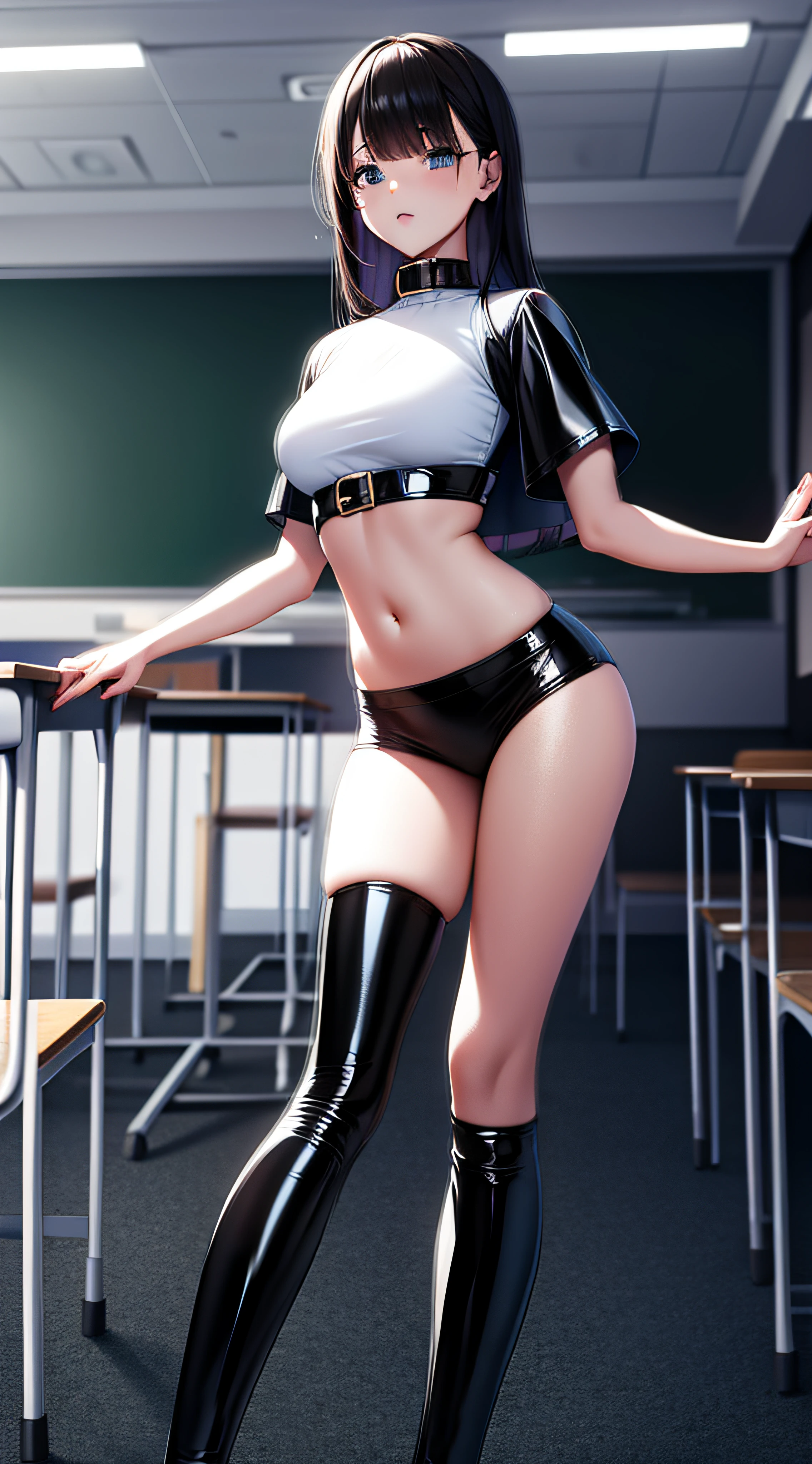 Patent leather crop top，Stand up，boots，Classroom scene