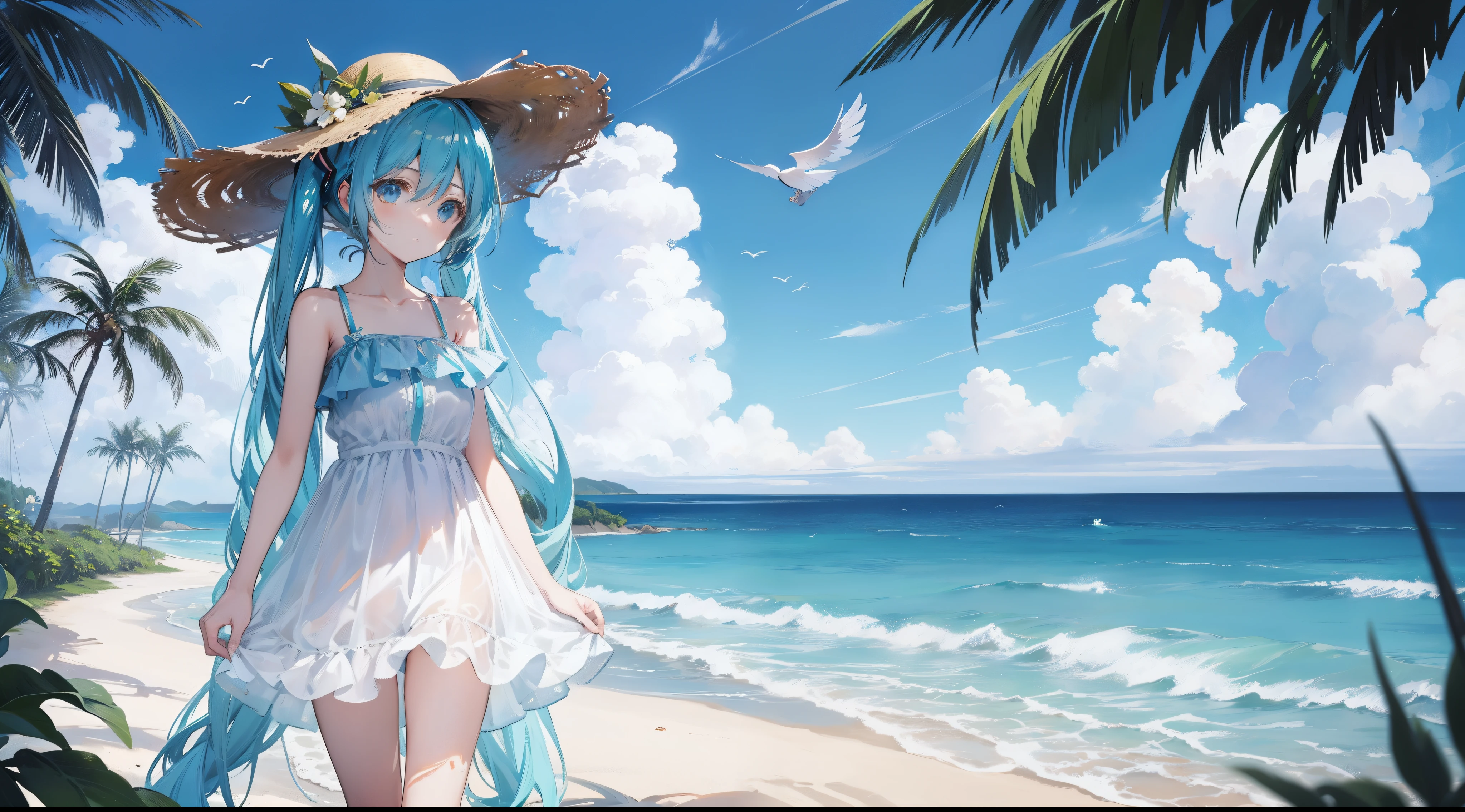 Hatsune Miku small,beachside,Wearing a straw hat,Opaque dress,Lateral face,fully body photo,The tree,blue-sky,The bird,suns,taking a walk,looking at the ocean