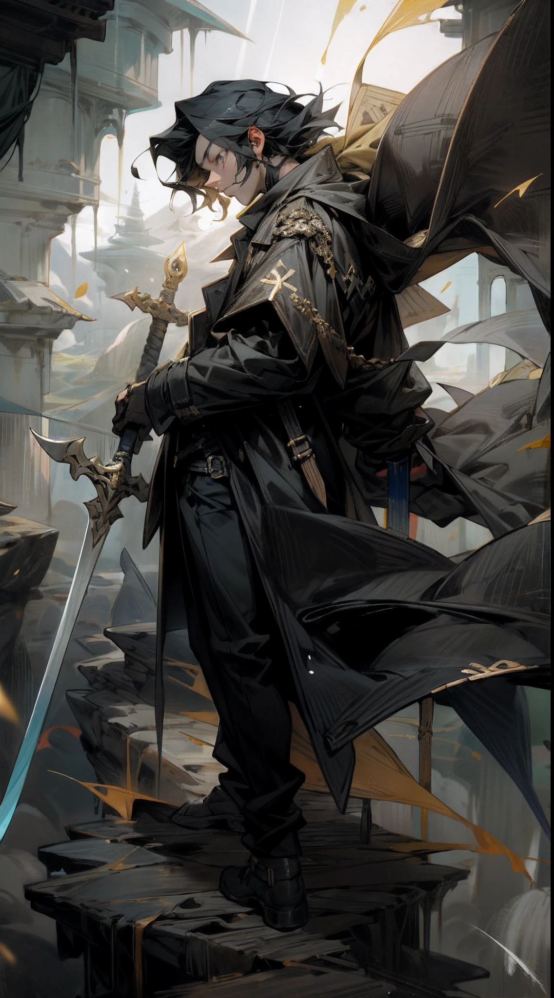Two-dimensional wind black hair blonde eyes Asian face young boy，Holding a black-gold spear with runes painted on it。Wearing a pure black trench coat, standing on the edge of a pitch-black cliff，Looking out at the hellish scene in the distance