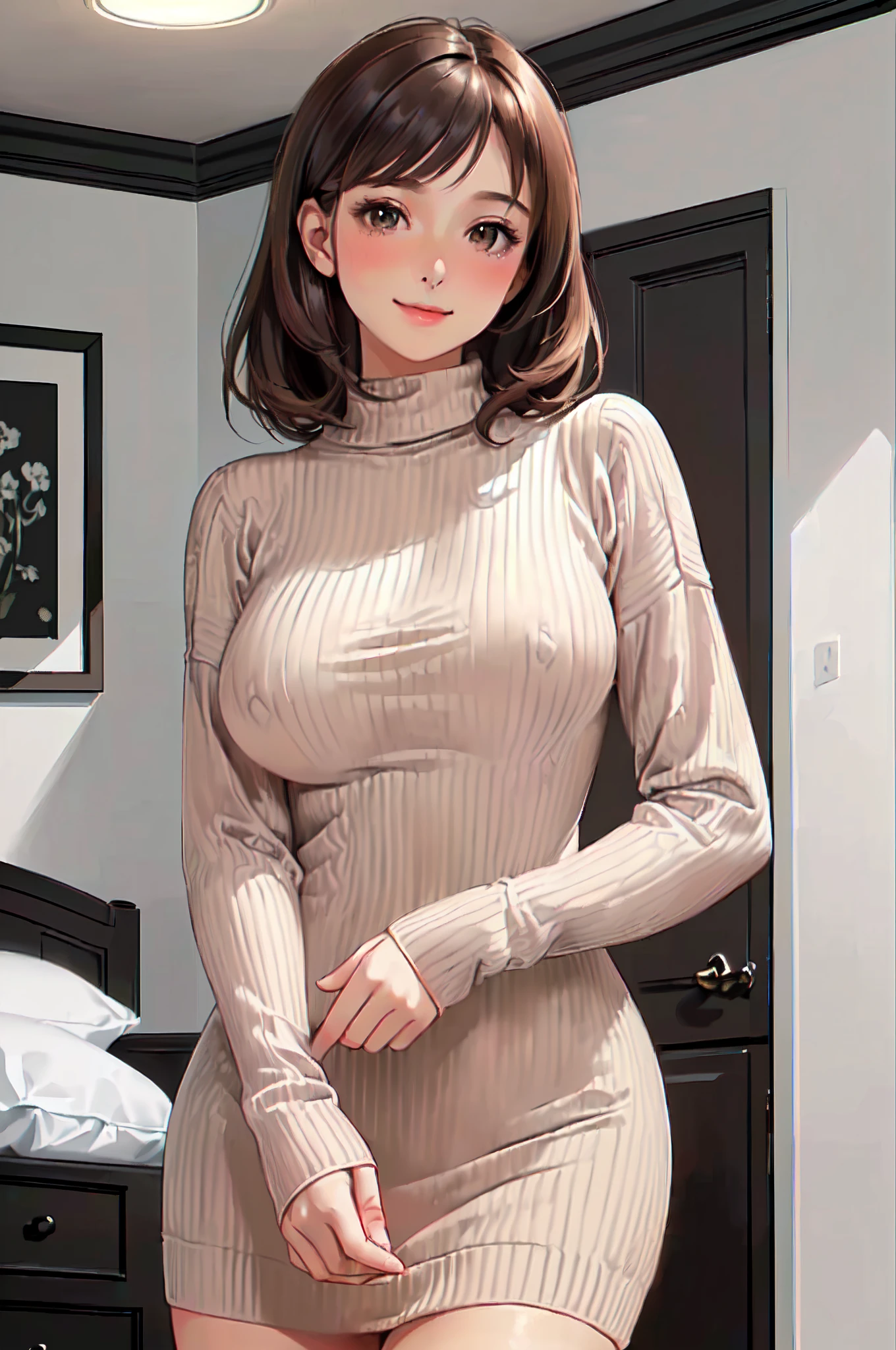 Modern home indoors, 1 Lady Solo /(Brown medium hair/), Ribbed sweater blush gentle smile, (masterpiece best quality:1.3) Ultra-detailed delicate illustrations, Large breasts