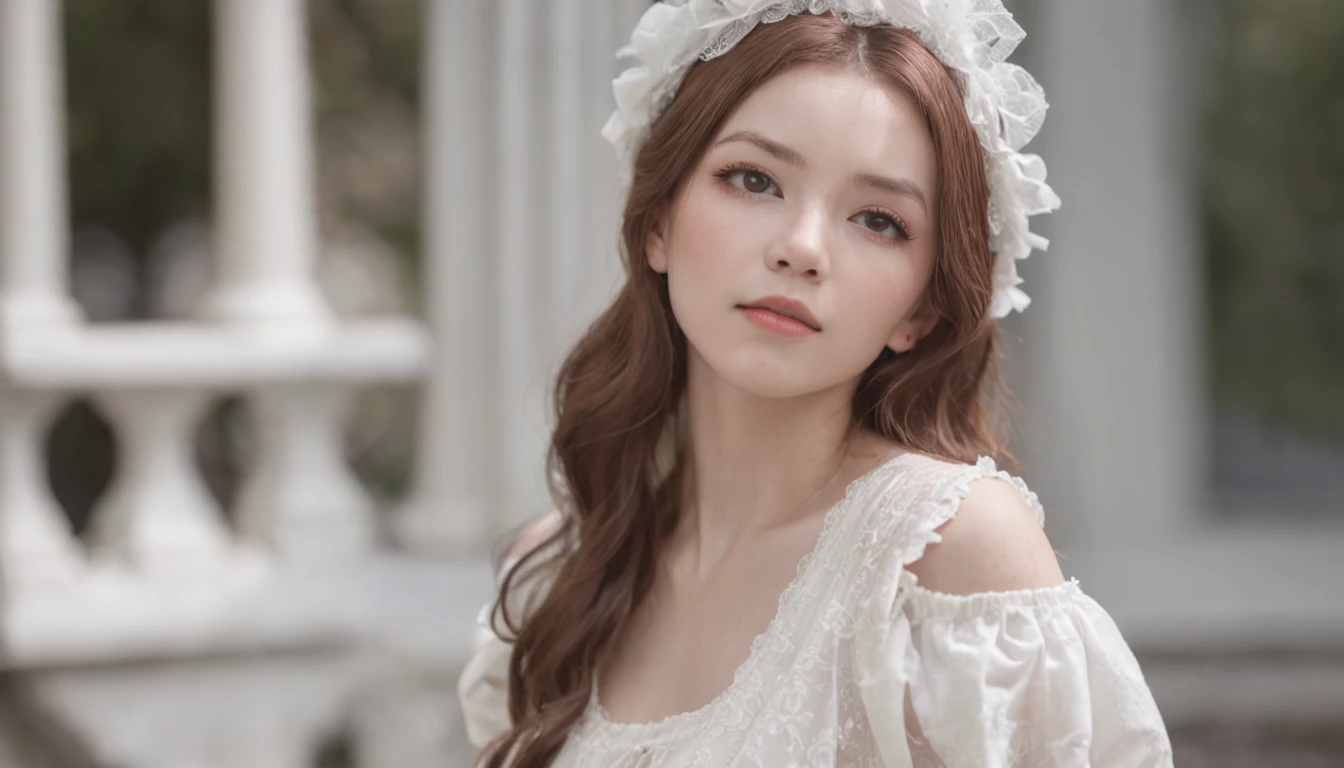 the female is dressed in white, in the style of kawaii aesthetic, soft focus nostalgia, realistic detailing, windows vista, dark and intricate, lyon school