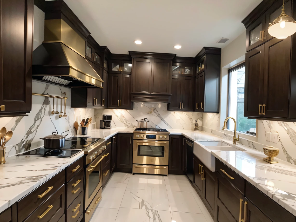 ，masterpiece, best quality，8k, ultra highres，Reallightandshadow，When you step into this dream kitchen，It's like stepping into a fairyland。Soft lighting reflects on the marble countertops，It's like a quiet starry sky reflected in it。The intricately carved brass faucet exudes a warm glow，It's a sense of awe。A wide range of top-of-the-line kitchenware is neatly arranged in custom-made cabinets，Every detail exudes the ultimate in luxury。Whether cooking a gourmet meal or enjoying a unique cooking process，This kitchen is a delight you have never felt before。