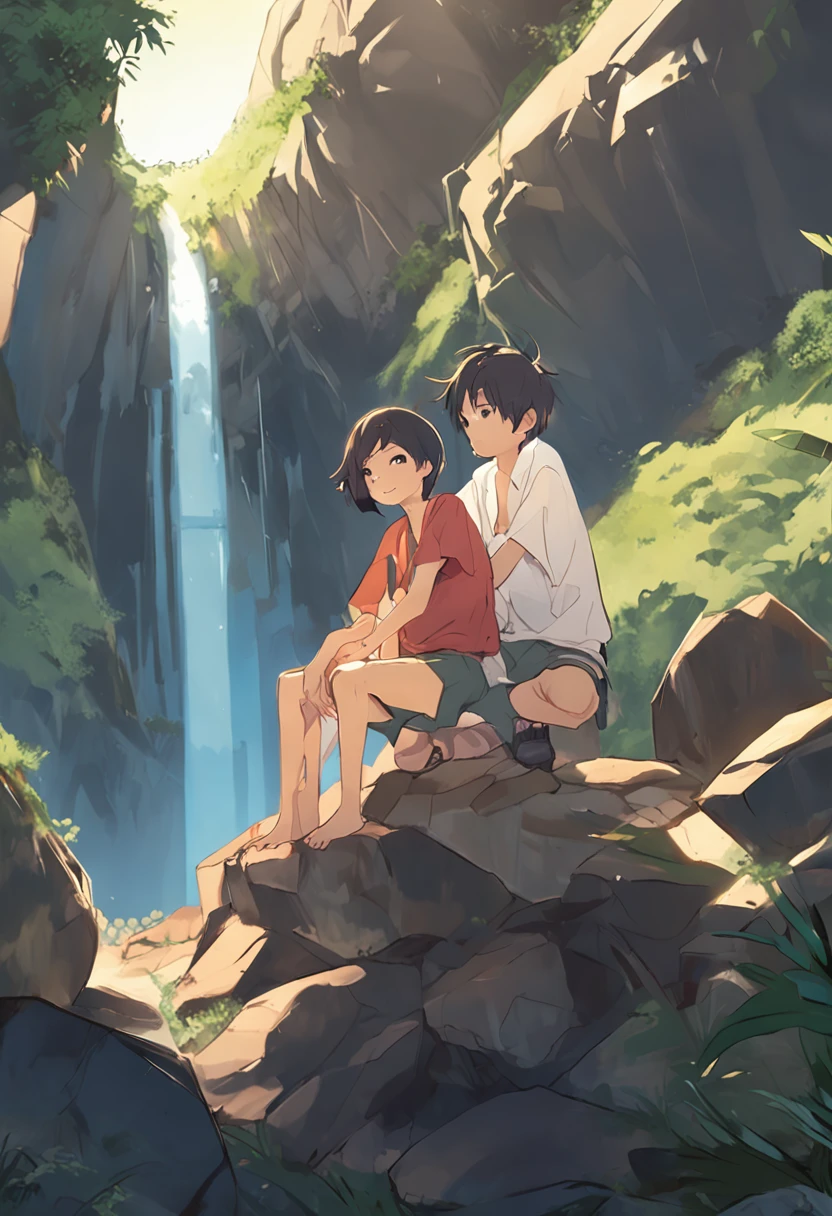 anime characters 2 boy one girl almost naked sitting on a rock in a cave, concept art inspired by Makoto Shinkai, trending on pixiv, conceptual art, guweiz and makoto shinkai, ( ( makoto shinkai ) ), official artwork, kawacy, official art, makoto shinkai cyril rolando, official anime artwork, makoto shinkai!!