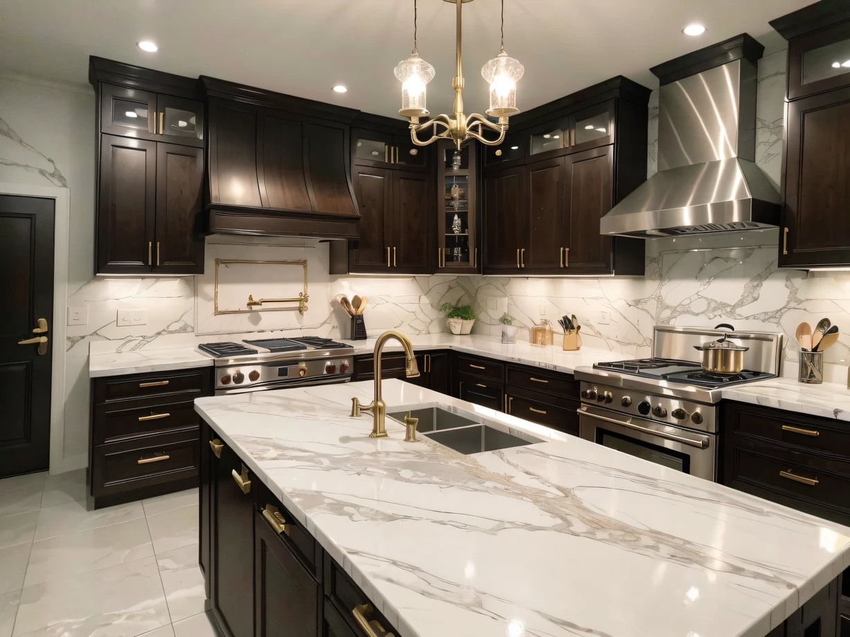 ，masterpiece, best quality，8k, ultra highres，Reallightandshadow，When you step into this dream kitchen，It's like stepping into a fairyland。Soft lighting reflects on the marble countertops，It's like a quiet starry sky reflected in it。The intricately carved brass faucet exudes a warm glow，It's a sense of awe。A wide range of top-of-the-line kitchenware is neatly arranged in custom-made cabinets，Every detail exudes the ultimate in luxury。Whether cooking a gourmet meal or enjoying a unique cooking process，This kitchen is a delight you have never felt before。