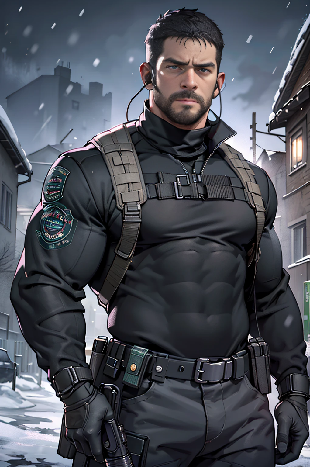 Dark gothic village in the background, old Chris Redfield from Resident Evil 8, 48 year old, muscular male, tall and hunk, biceps, abs, chest, all black cold turtleneck shirt, black trenchcoat, black trousers, shoulder holster, earpiece, belt, thick beard, cold face, holding an assault rifle gun, video games style, high resolution:1.2, best quality, masterpiece, dark nightime, dark atmosphere, winter, snowing, shadow, upper body shot