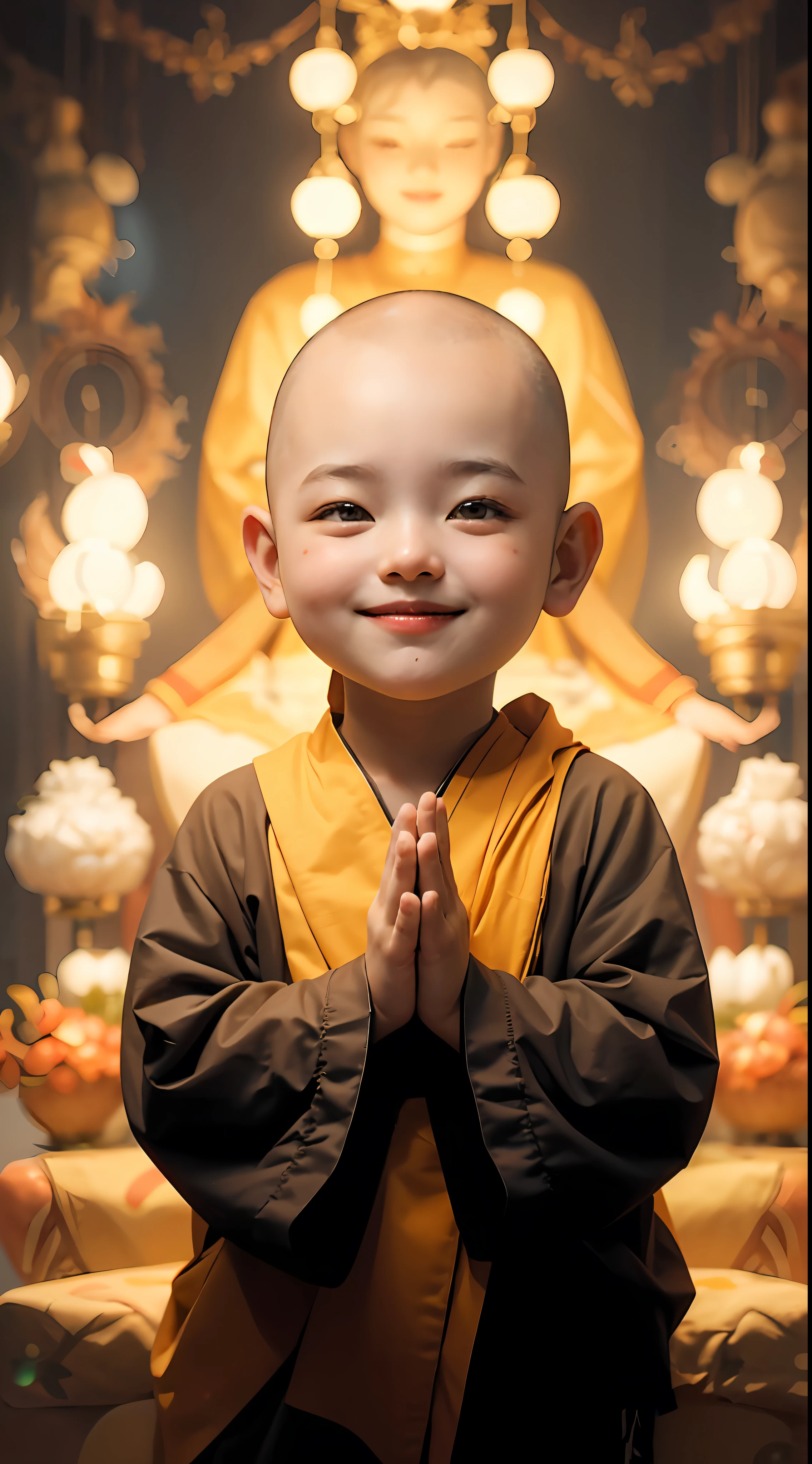 2 year old Chinese monk,His hands folded,sitting cross-legged,orange monk's robe,perfect facial features,put a face to the viewer,with black background,Ultra-clear image quality,Surreal style of life and living,9:16 scale