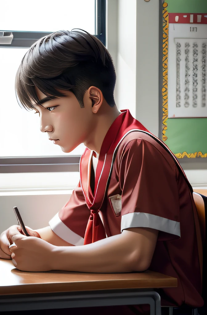 校服, red neckchief, Libido boy, Listen calmly and attentively in the classroom。