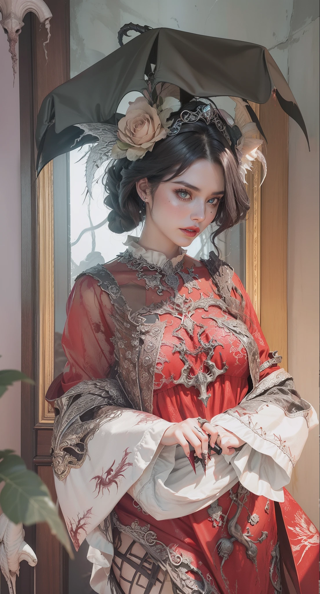 Fine matte paint，Skeleton Dark Angel, Haunted castle with large wings, Fill the drawing table with a knife，terroral，uncanny，horrid，secret terror，tentaculata，grape trees，The eye，uncanny valley effect teeth，all  fours，Critters，Blood Moon，super high image quality，Sexy beauty，The picture quality is clear，