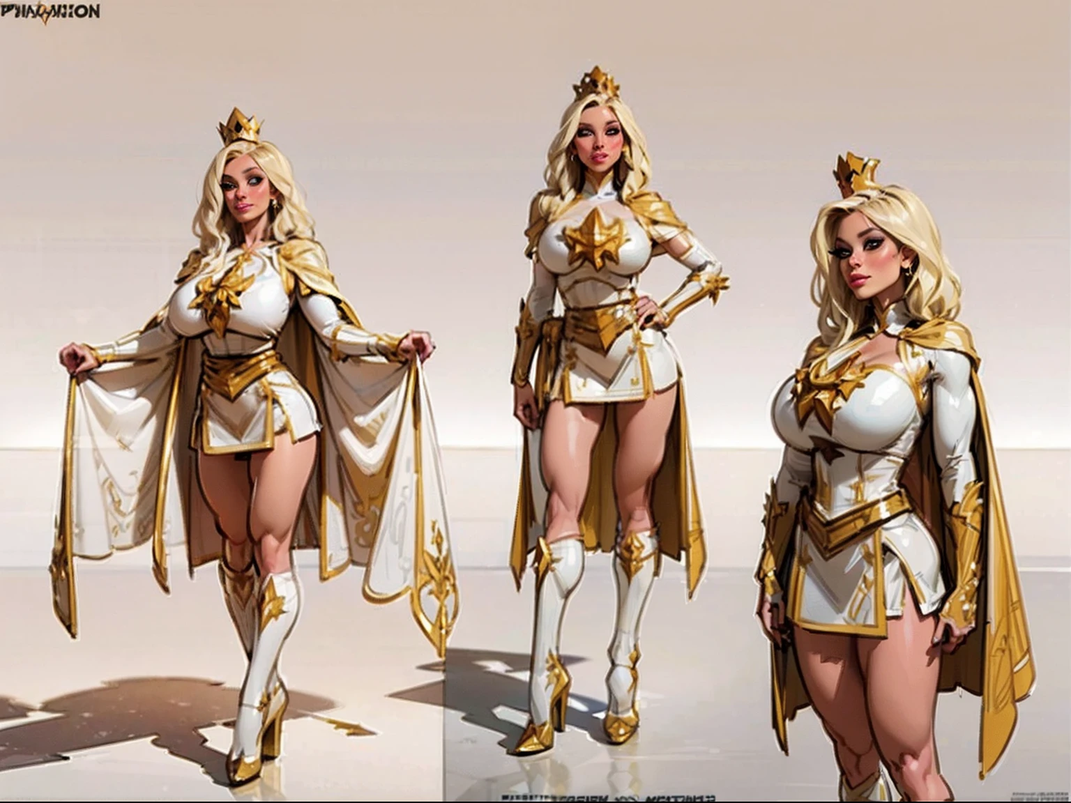 ((masterpiece)),(((best quality))),((character design sheet)), illustration,1woman, ((starlight:1.2)) theboys, environment Scene change,  muscular, (gigantic breasts:1.3), (black legs), thick legs, (royalty cape:1.5), scribbles and marks, fire, ((detailed face:1.1)), rough sketches, pose too, platinum blonde, black and gold color palette, 8k,16k, (simple background, light background: 1.3)