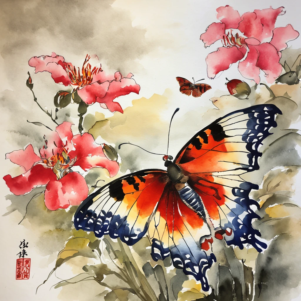 Zhuang Zhou Meng Butterfly,ukiyoe painting,Huge flowers,an orchid flower,夏天