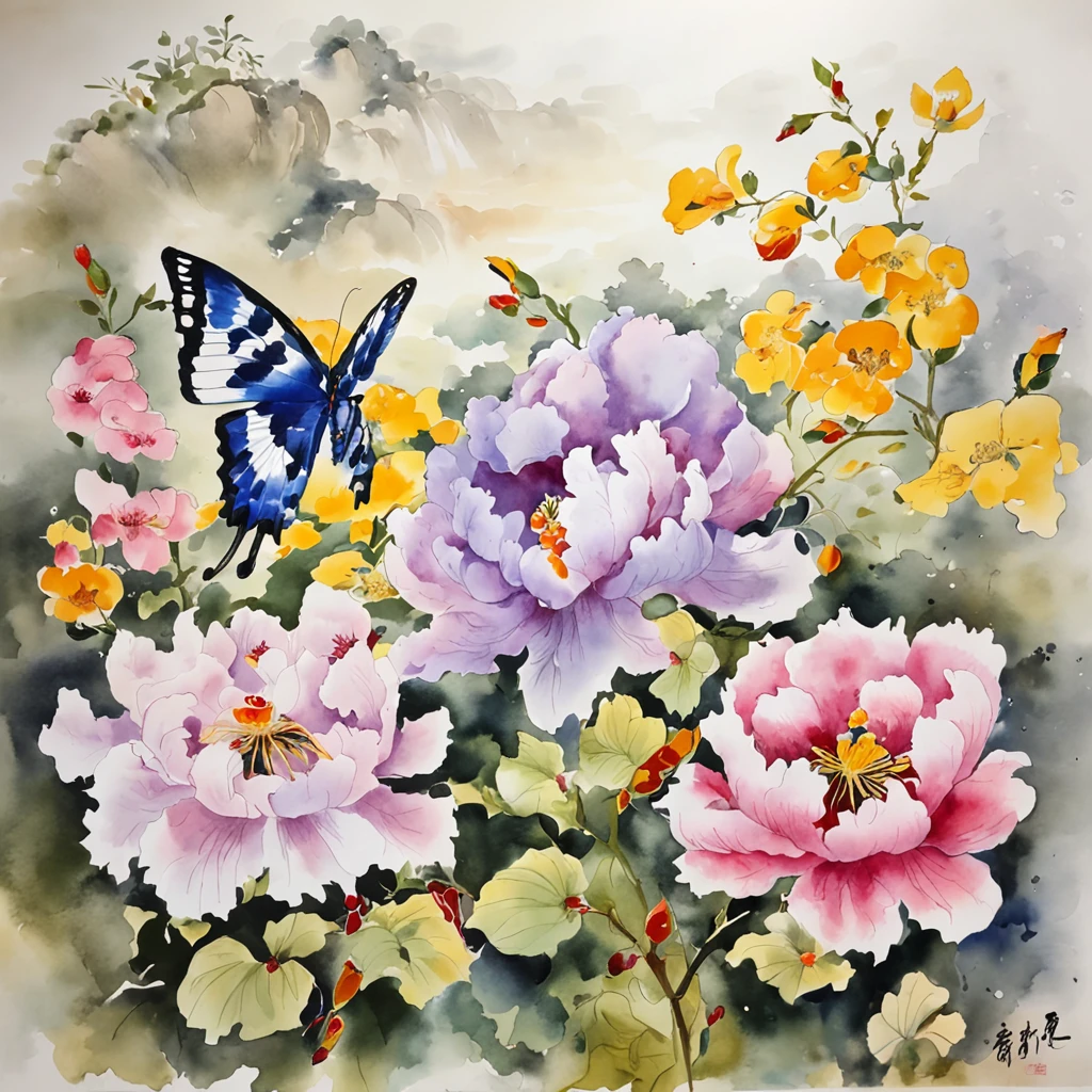 Zhuang Zhou Meng Butterfly,ukiyoe painting,Huge flowers,an orchid flower,夏天