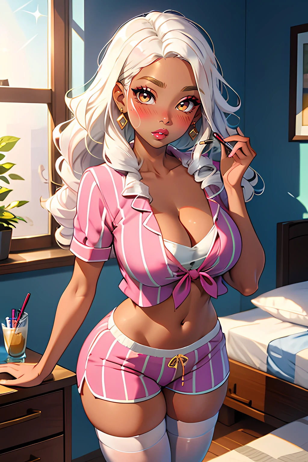 1girl, (best quality:1.1), (masterpiece:1.4), (absurdres:1.0), portrait, 1girl, (voluminous hair)+ , ((curly hair))++, long hair, ((dark skin))++, (((white hair))), (gold eyes), long hair, large breasts, (blush:1.2), (big lips)+, (juicy lips)+, (blush), vibrant colors, eyeliner, lipgloss, blush, sidelocks, shiny skin, shiny, sparkles, dawn, sunrise, morning sky, bedroom, striped shorts, striped crop top, striped pajama set, striped thigh highs, dynamic pose, cleavage, standing