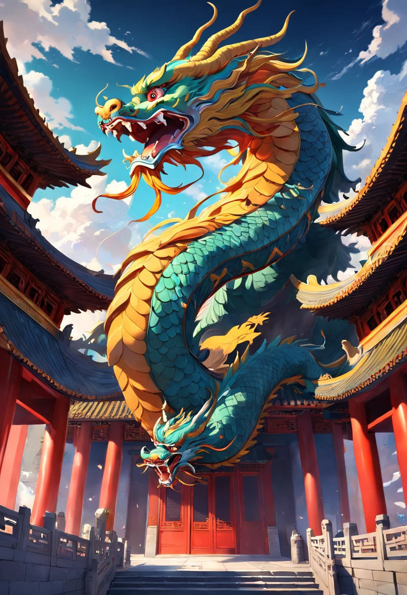 Chinese temple architecture,Towering over the landscape,The dragon coiled around,Huge phoenixes flutter their wings