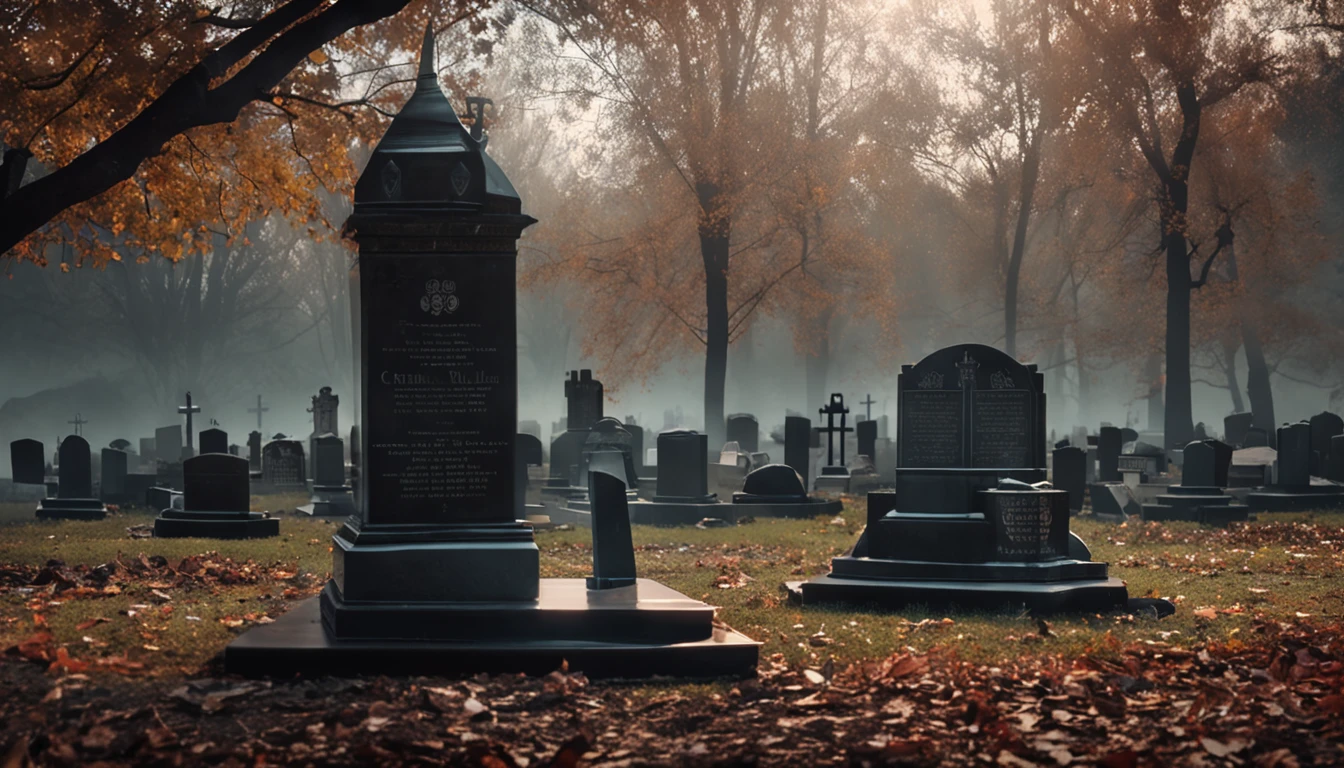 A cemetery with the moon as a backdrop,luz de velas, Dark but shimmering atmosphere, trees in the background,(1. There is a small fire in front of the tombstone,1 person kneels in prayer in front of the tombstone)