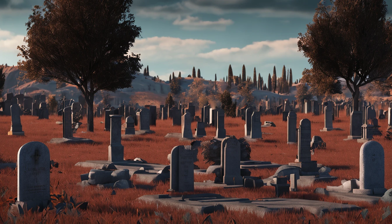 A cemetery with the moon as a backdrop,luz de velas, Dark but shimmering atmosphere, trees in the background,(1. There is a small fire in front of the tombstone,1 person kneels in prayer in front of the tombstone)