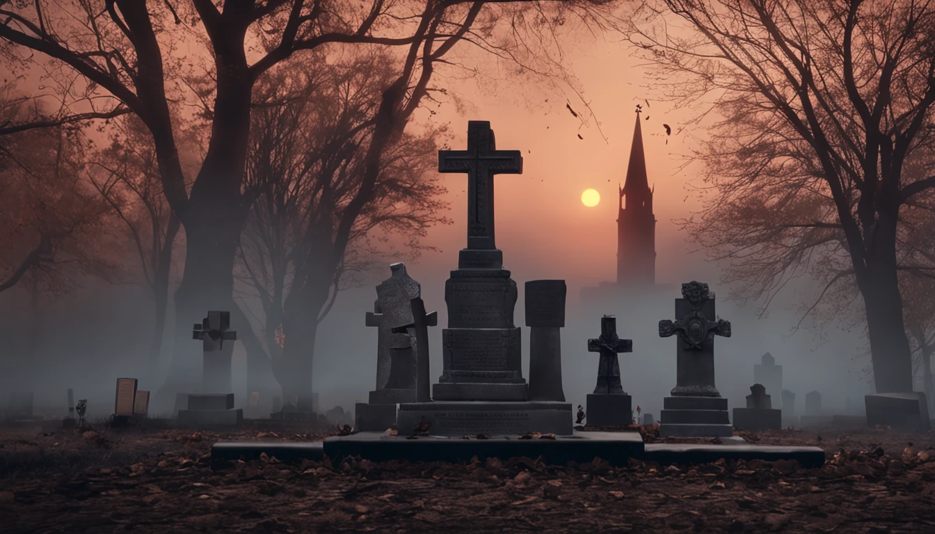 A cemetery with the moon as a backdrop,luz de velas, Dark but shimmering atmosphere, trees in the background,(1. There is a small fire in front of the tombstone,1 person kneels in prayer in front of the tombstone)