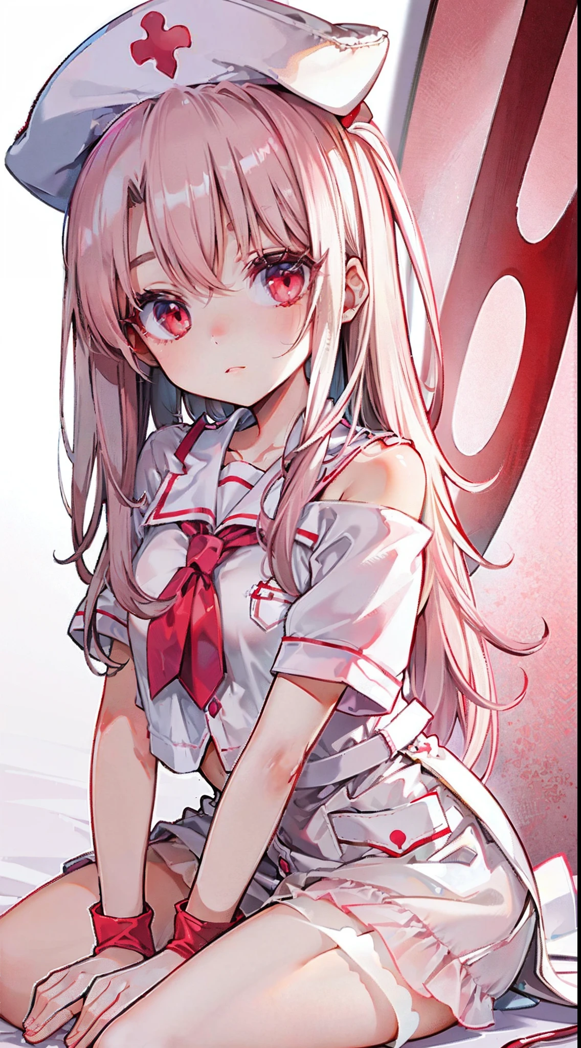 High detail, Heart-shaped pupils，Nurse hat，Pink nurse's uniform，Love pupils，cropped shoulders，Red Cross，Slender maiden,highly rendered，detailed face with，white stockings，hason，