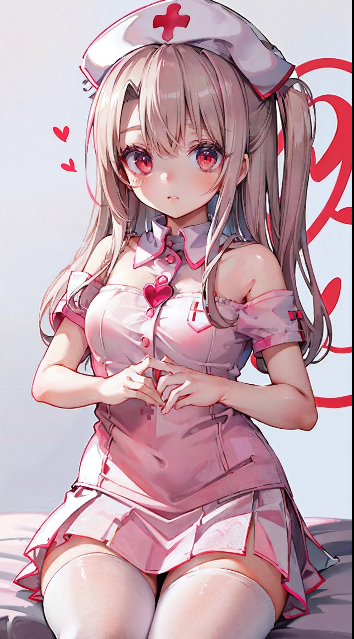 High detail, Heart-shaped pupils，Nurse hat，Pink nurse's uniform，Love pupils，cropped shoulders，Red Cross，Slender maiden,highly rendered，detailed face with，white stockings，hason，