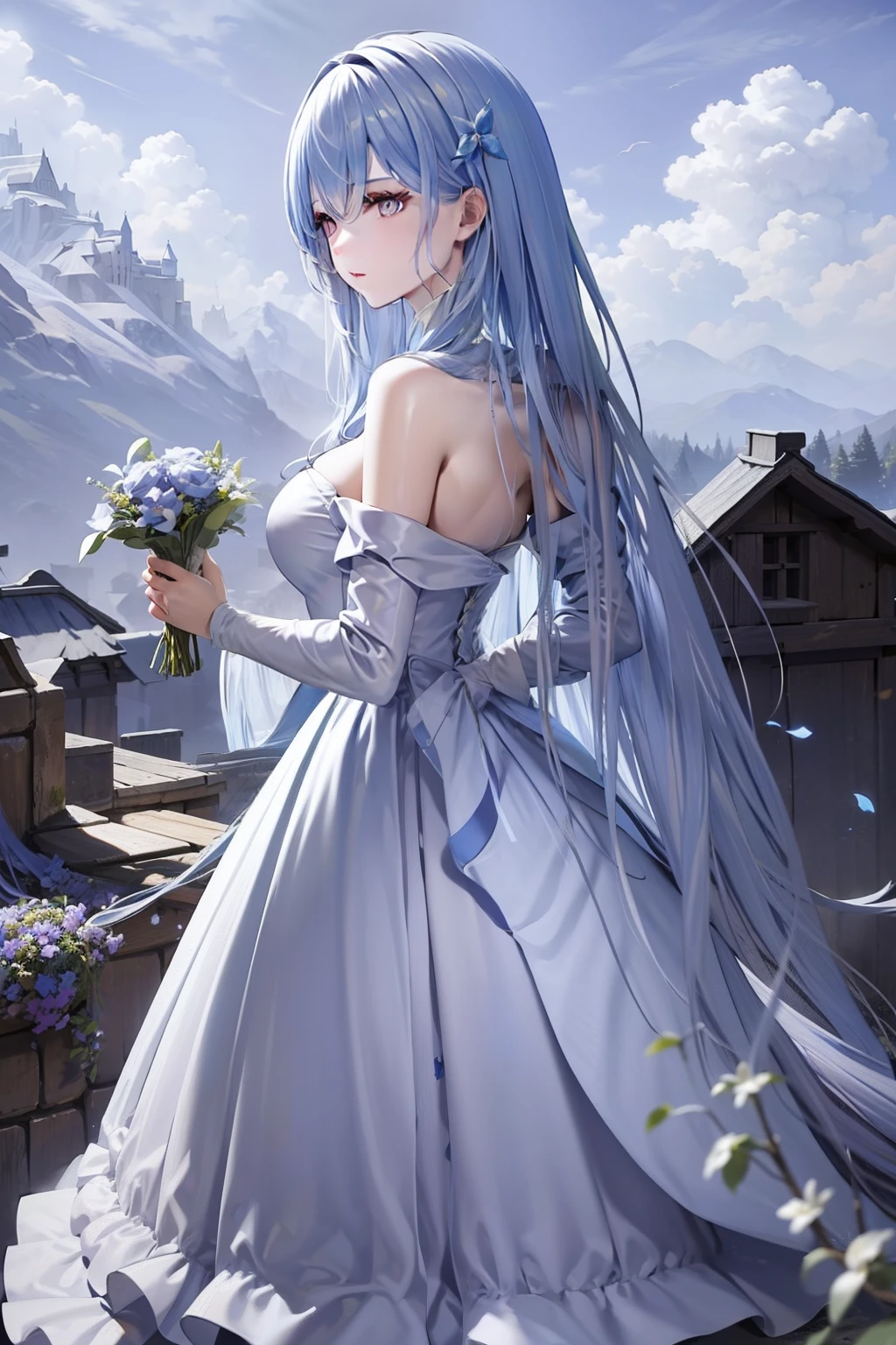 Long-haired two-dimensional woman,Dressed in a medieval silk blue evening dress,Stand in the middle of a mountain full of flowers,Holding a mistletoe bouquet,looking at the distance