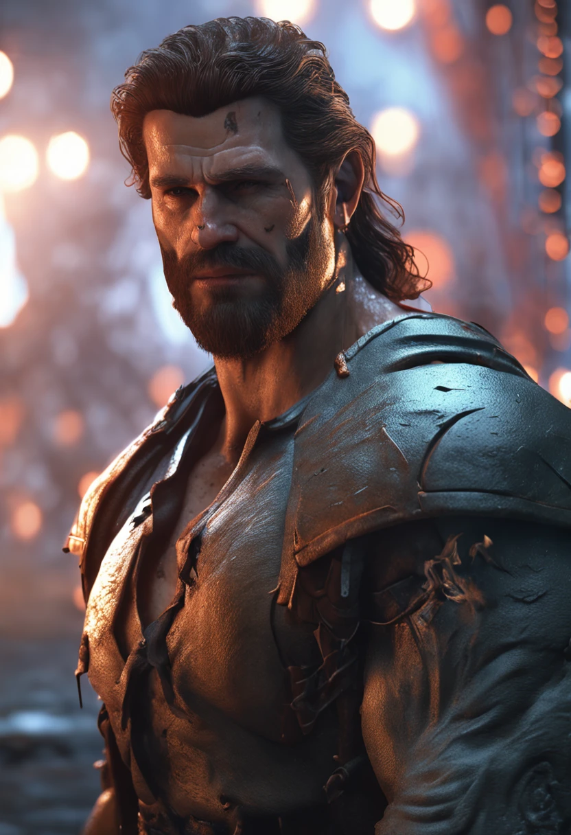 (Профессиональный 3D-рендер:1.3) de (Realistic:1.3) The most beautiful photo in the world，Features of soft and shiny male heroes, ((Epic fantasy hero, muscular man, rough wet hero, angry look, long hair, short beard and ferocious facial expression in a dynamic pose, Fantastic location, Majestic cluttered surroundings)), Рендеринг Full Body 8K Unity, action shot, pores skin, very dark lighting, Heavy shading, Detailed, Detailed Face, (Vibrants, The photo is realistic, Realistic, dramatic, Dark, sharp-focus, 8K), (Old leather clothes, weather-damaged:1.4), ((((Wear fur)))), (Intricate:1.4), decadent, (Highly detailed:1.4), Digital Painting, Octane rendering, Art Stations, ConceptArt, Smooth, sharp-focus, illustartion, The germ of art, (loish:0.23), Wlop Ilya Kuvshinov, and Greg Rutkowski and Alphonse Mucha Gracias, (Global Illumination, studio light, surround light), heavy rain, particles floating, rascal, Fantasy, elf, full bodyesbian, ((The dark and ancient background of the city:1.3)),CGSesociety,Art Stations
