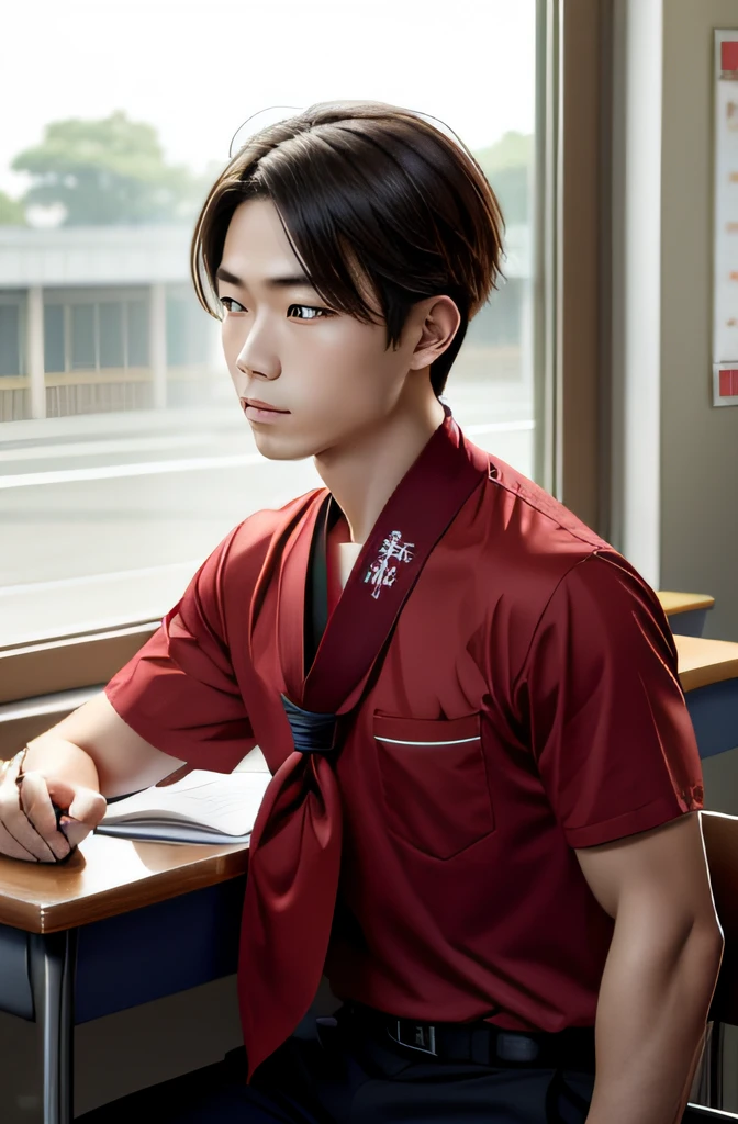 校服, red neckchief, Libido boy, Listen calmly and attentively in the classroom。
