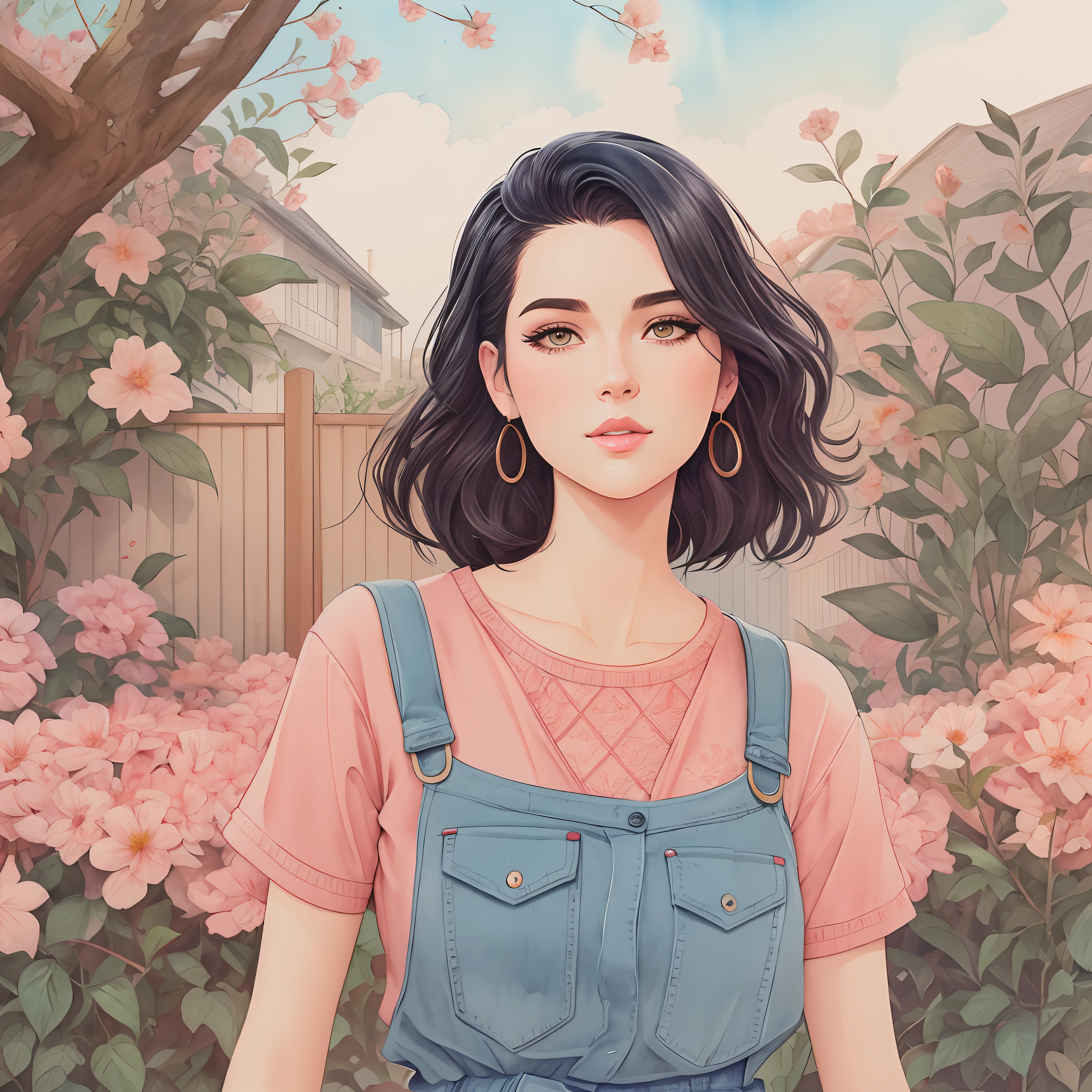 drawing of a 25 year old woman with black hair color drawing, detailed eyes .color sketch, Bowater art style, watercolor art style, color illustration, digital color illustration, Lois van Baarle and Rossdraw, procreate illustration, cartoon art, in color illustration style, Color portrait