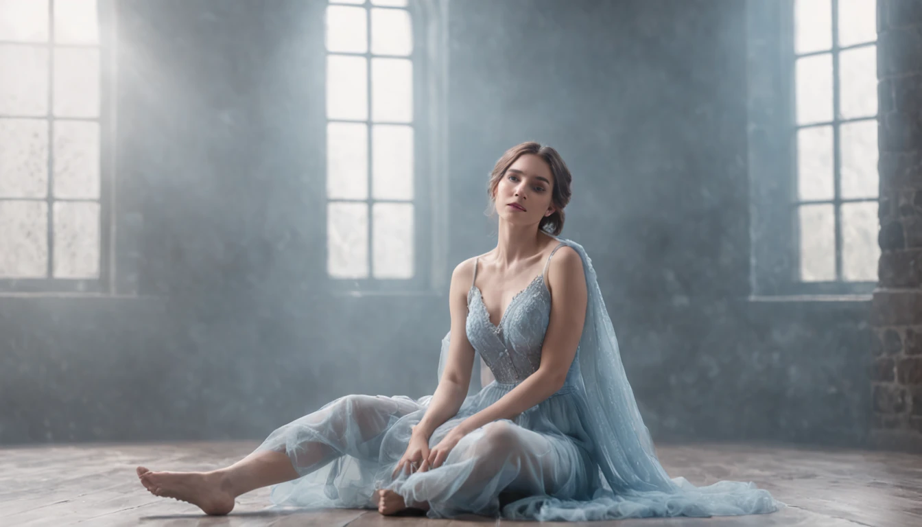 a woman sitting on a floor in front of a window, in the style of ethereal fantasy, light silver and light azure, charming characters, fairytale-inspired, 8k resolution, somber mood, frozen movement