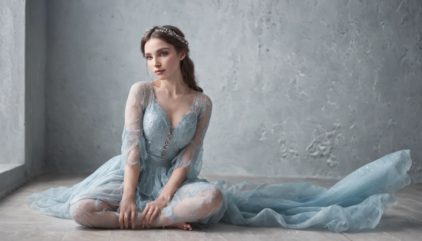 a woman sitting on a floor in front of a window, in the style of ethereal fantasy, light silver and light azure, charming characters, fairytale-inspired, 8k resolution, somber mood, frozen movement