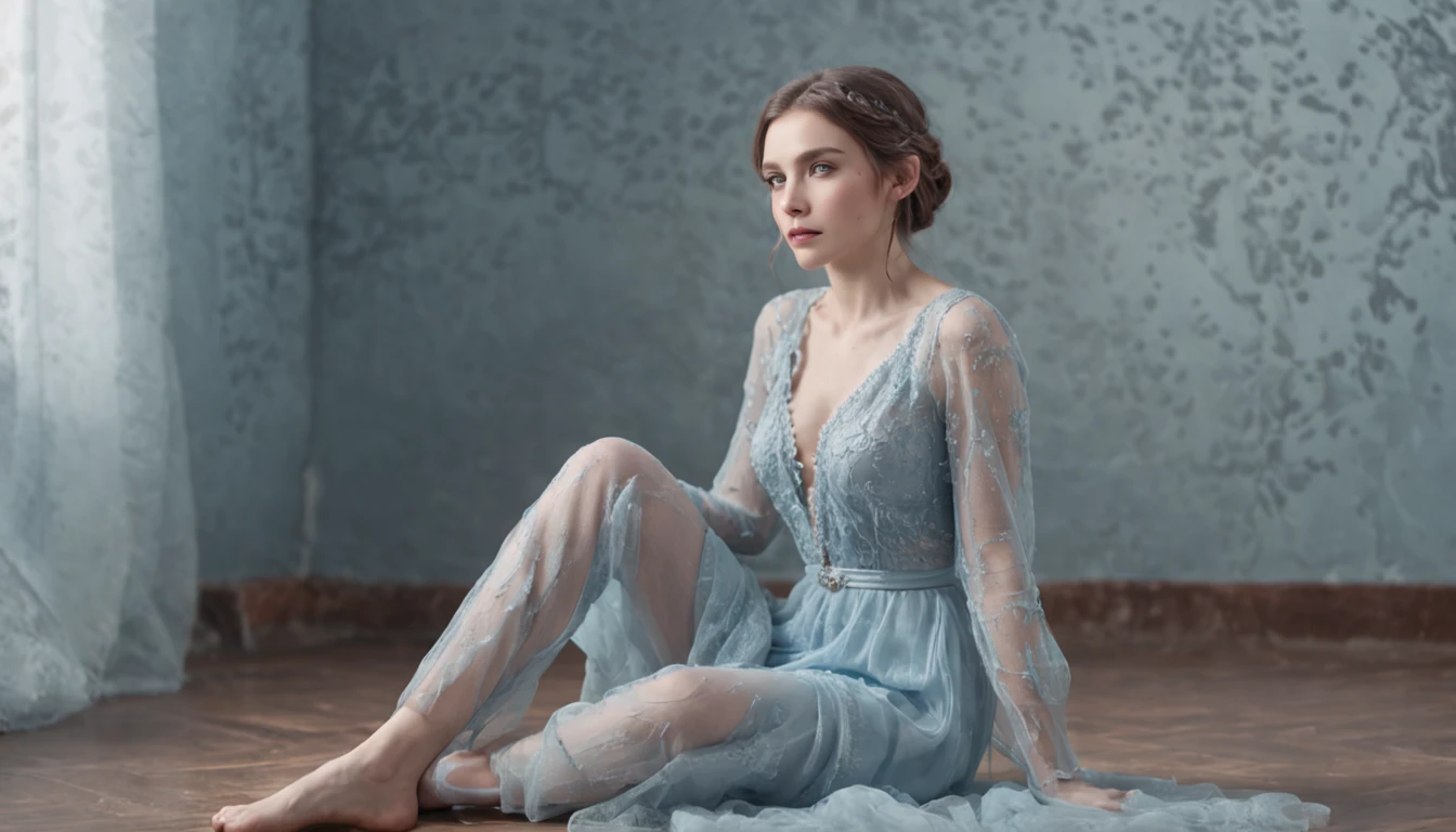 a woman sitting on a floor in front of a window, in the style of ethereal fantasy, light silver and light azure, charming characters, fairytale-inspired, 8k resolution, somber mood, frozen movement