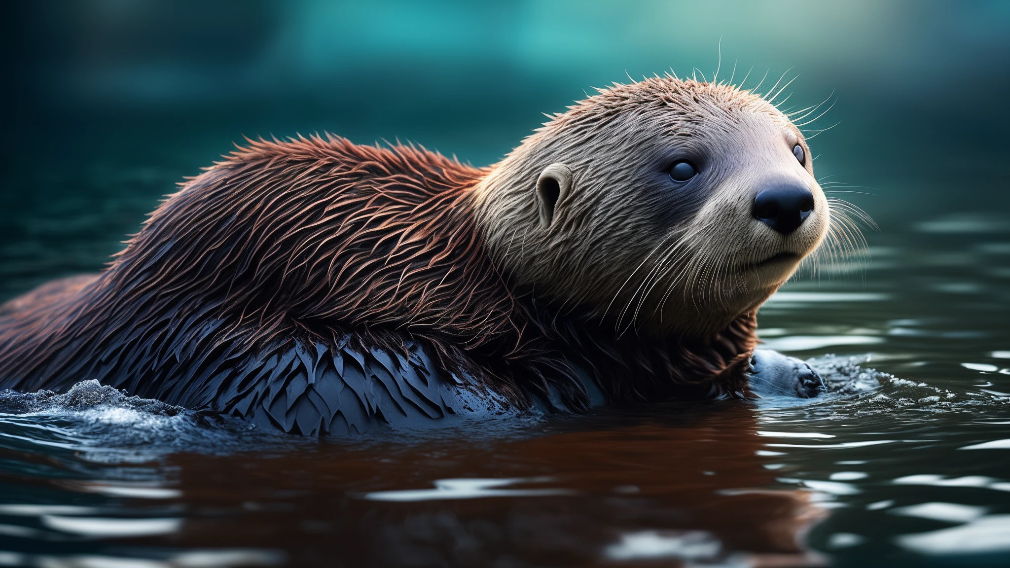 There was a sea otter lying in the water, Sea otter with belly up,he is very relaxed, Furry otters, unwind, Sleepy,relaxing, peaceful looking animals, The water is clear and clean,Super realistic, RAW photo, (8K、top-quality、tmasterpiece:1.2)、(intricately details:1.4)、(Photorealsitic:1.4)、Complex 3D Rendering Ultra Detail, vibrant detail, super detailing, Photorealsitic