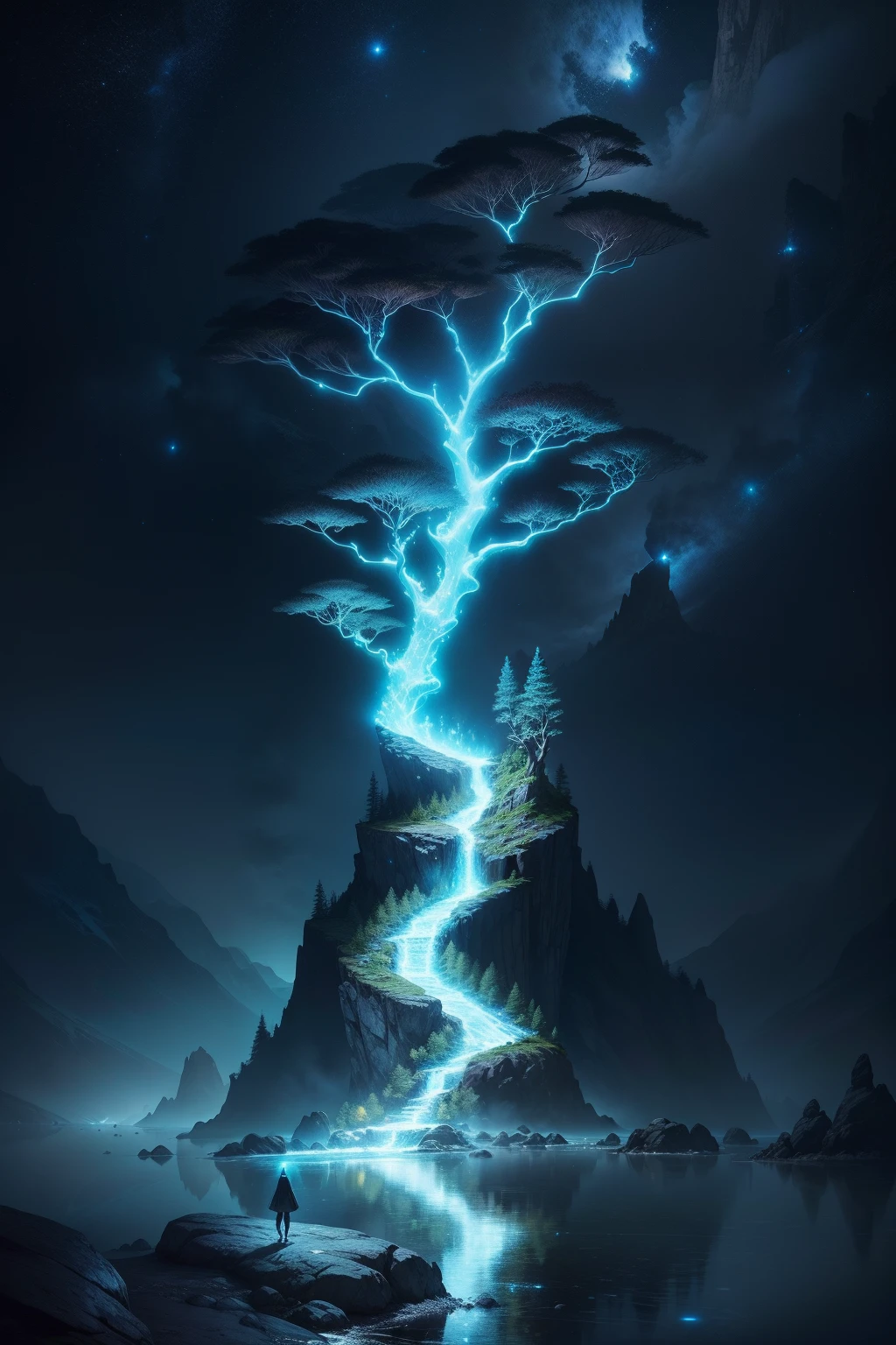 Landscape Art World, Fantasy Luminous Biomorphology Bioluminescent Stars Women's Body Tree Growing on Boulders in Super Rivers Floating on Strange Mountain Top, landscape