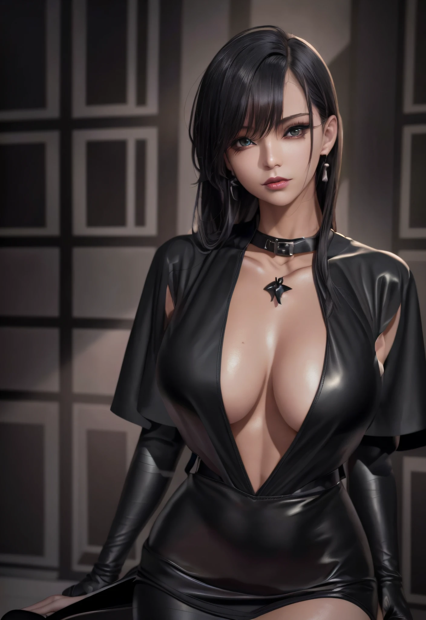 Sexy woman posing for photo in black leather costume, seductive anime girl, [ 4k digital art ]!!, beautiful seductive anime woman, 8k high quality detail art, anime girl in black dress, seductive Tifa Lockhart portrait, tight short skirt succubus, open chest V corset, best art station for fan art, detailed digital anime art, exposed breasts