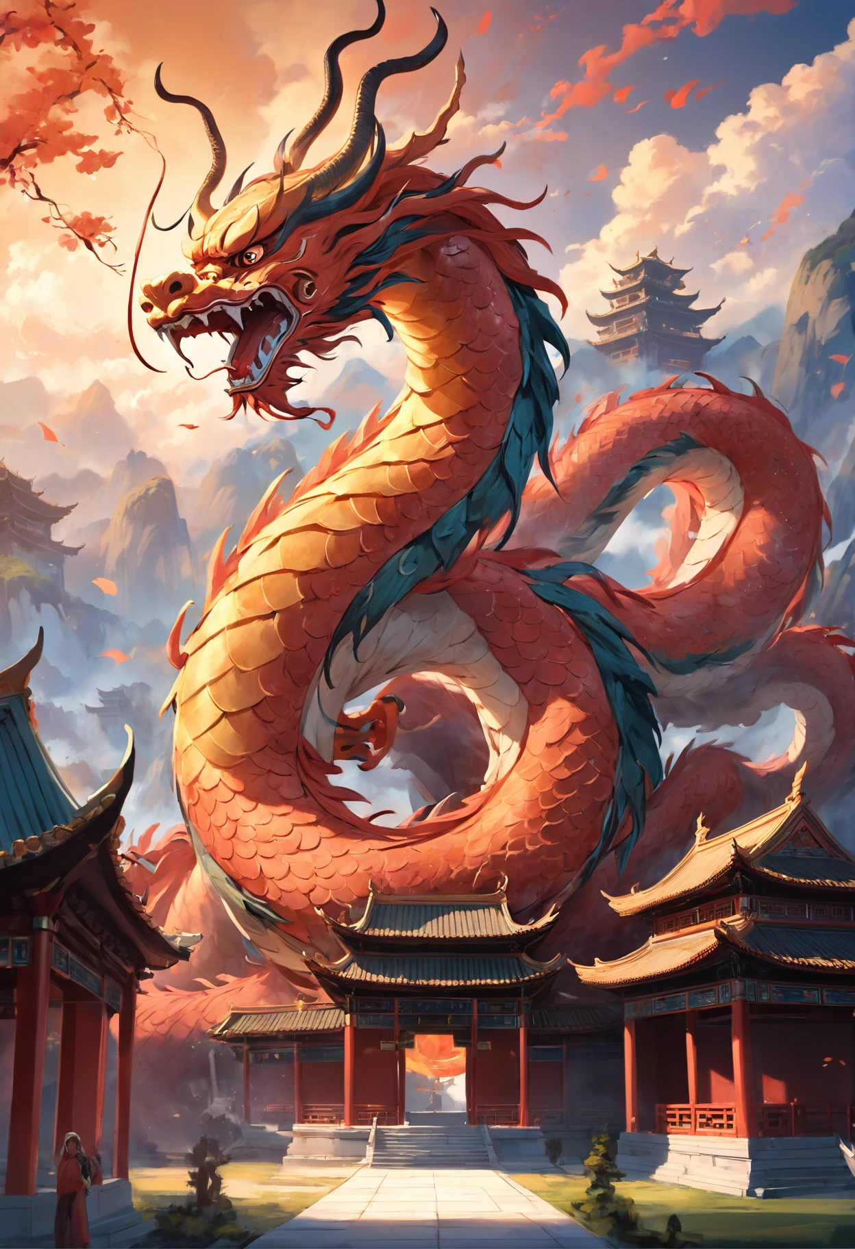 Best quality at best,tmasterpiece,超高分辨率,without humans,(The long:1.2),Swallowing anaconda,White python,The scales are white,east asian architecture,Blood red sky,buliding,exteriors,Blood cloud,the setting sun,evening light,daysies,mont,with her mouth open,teeth,scutes,dentes pontiagudos,banya,with light glowing,fang,The tree,glowing light eyes,pagoda,scenecy