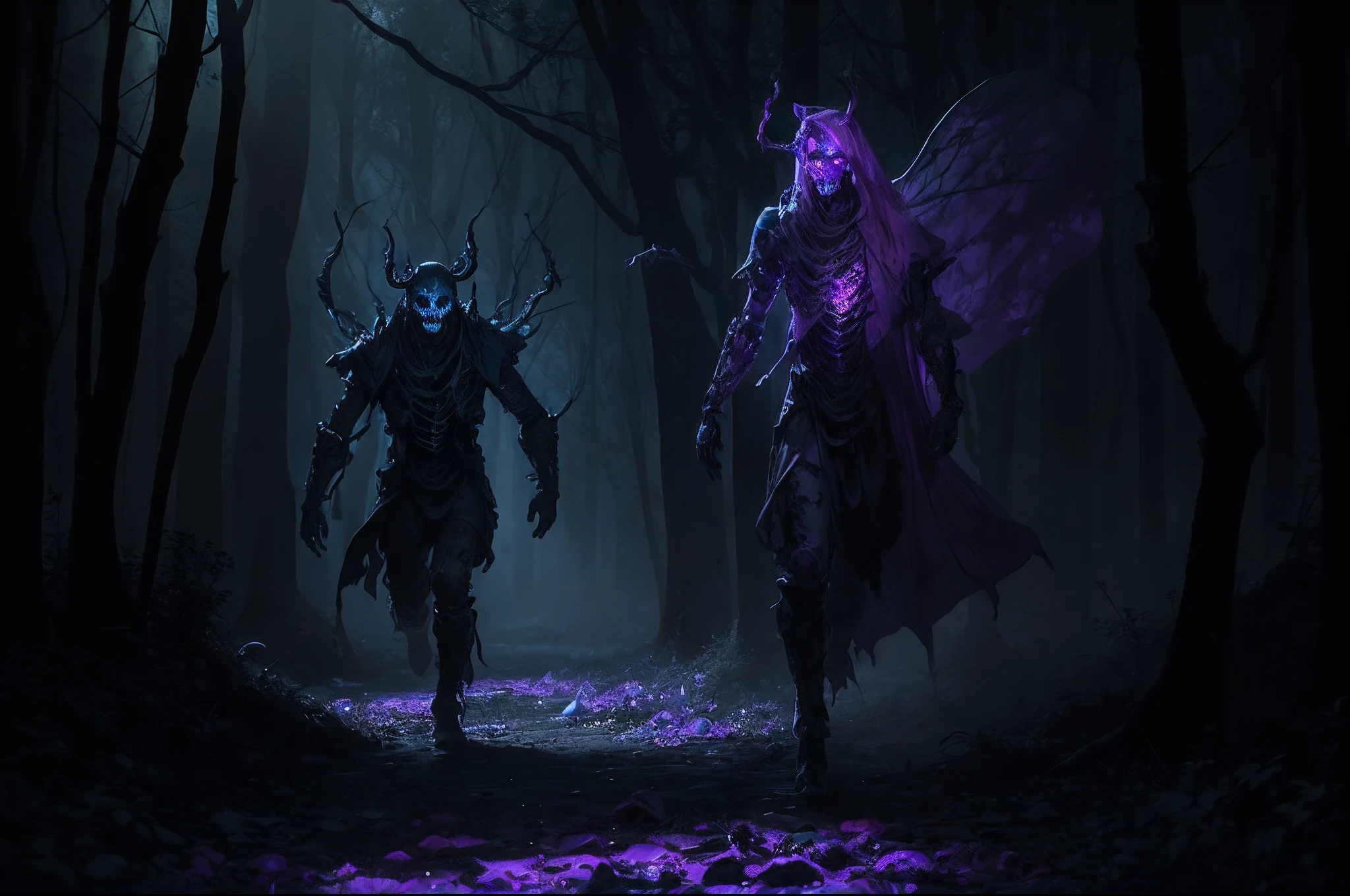 Medium shot of An army of translucent demons made with marbles, in lilac and bluish colours, with slightly bioluminescent veins, scary, lifeless eyes, expressionless face, dressed with rags, leather rags, skeletons partally visible. Demons running through the forest, dynamic scene, horror movie like. Backlight illumination by moonlight filtering through the forest.