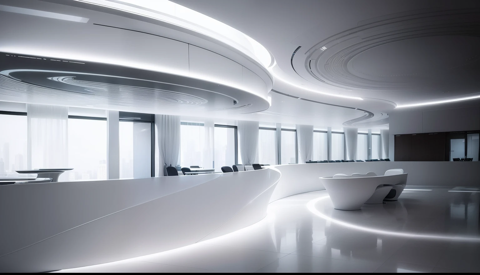 a white reception table with a curved design in a large lobby, lighting turn on in ceiling , back ground is ( perfect ) minimalist white wall ( lighting realistic, see throung office workspace), by Zha Shibiao, futuristic interior, inspired by Zha Shibiao, inspired by Cheng Jiasui, futuristic design, futuristic decoration, cinematic, details , interior design, great design