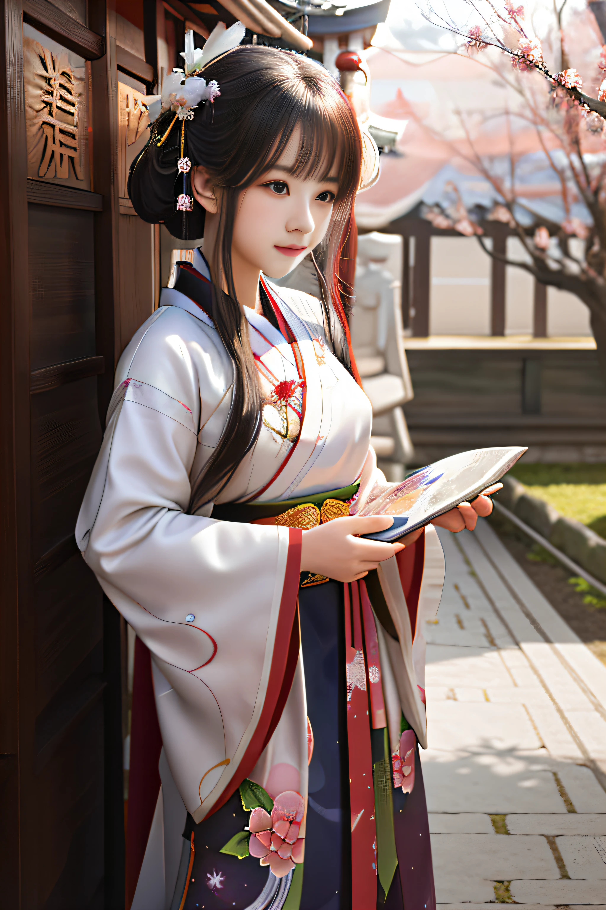 There is a woman in a kimono dress holding a book, Palace , A girl in Hanfu, Guviz-style artwork, White Hanfu, Beautiful character painting, Anime girl cosplay, Guviz, Hanfu, Wearing ancient Chinese clothes, Anime girl in real life, Japanese goddess, Love eyes tear mole Perfect side face
