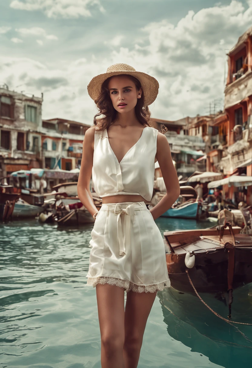 The background is the sea, ,Two-dimensional beauty in white silk，Lori long legs，She wears a short skirt，chest baring