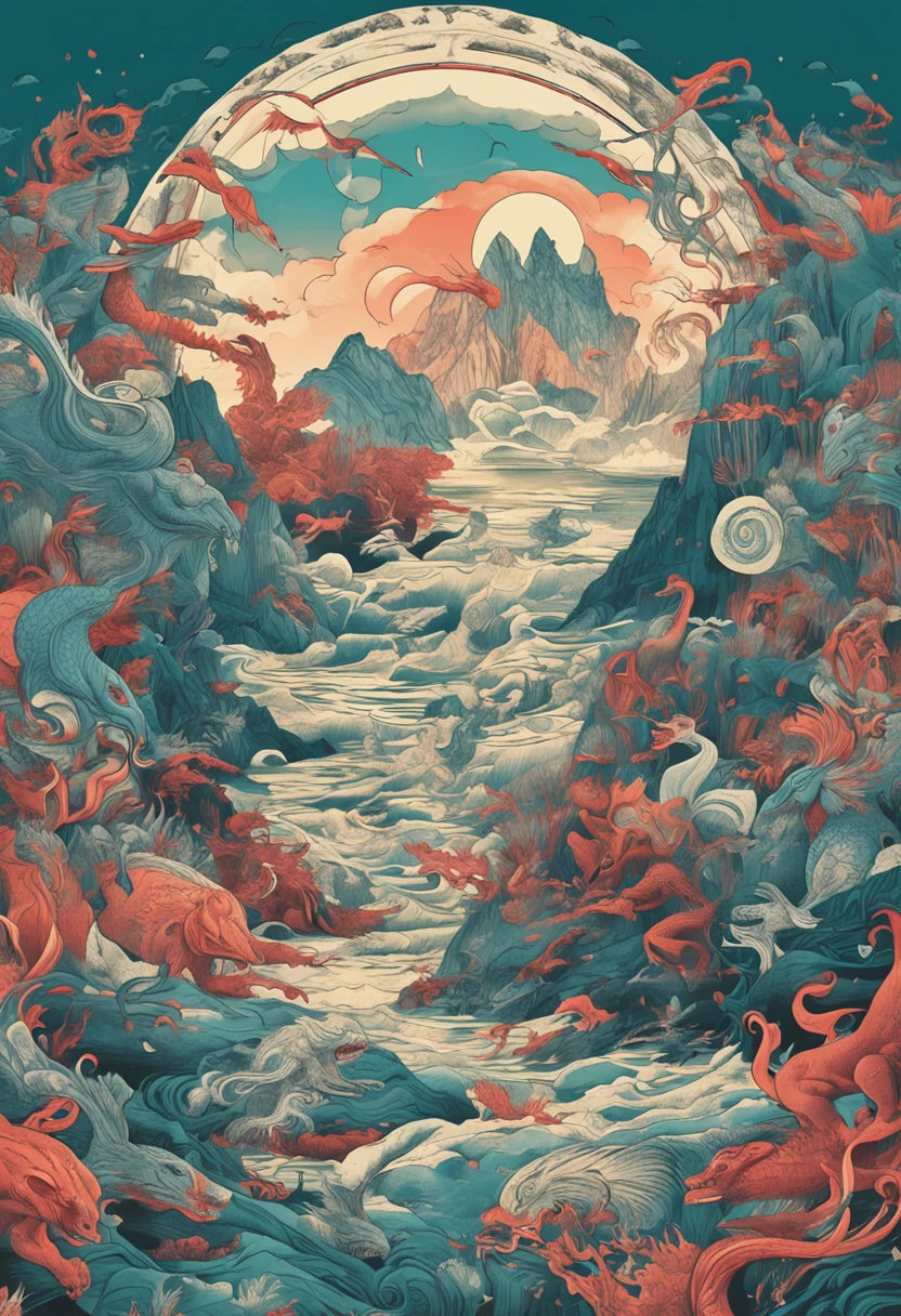 dream-state,hyper realisitc,Mountain and Sea Sutra,mythological beasts,Immortals