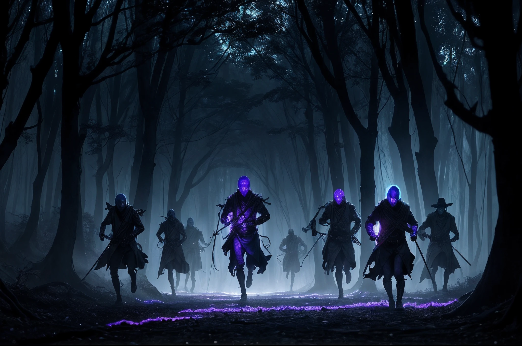 An army of translucent demons made with marbles, in lilac and bluish colours, with slightly bioluminescent veins, scary, lifeless eyes, expressionless face, dressed with rags, leather rags, skeletons partally visible. Demons running through the forest, dynamic scene, horror movie like. Chiaroscuro. Backlight illumination by moonlight filtering through the forest.