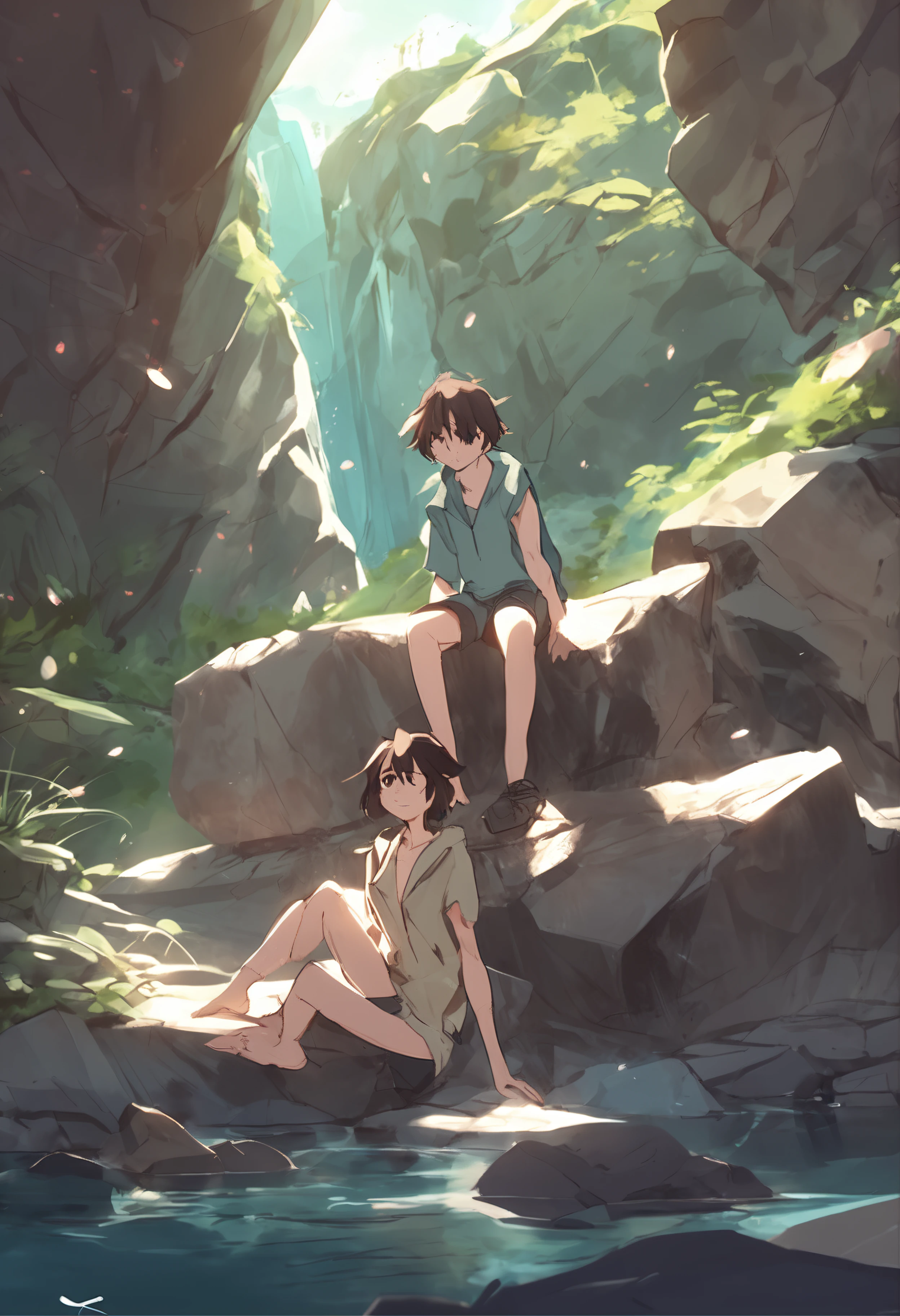 anime characters 2 boy and1 girl almost naked sitting on a rock in a cave, concept art inspired by Makoto Shinkai, trending on pixiv, conceptual art, guweiz and makoto shinkai, ( ( makoto shinkai ) ), official artwork, kawacy, official art, makoto shinkai cyril rolando, official anime artwork, makoto shinkai!!