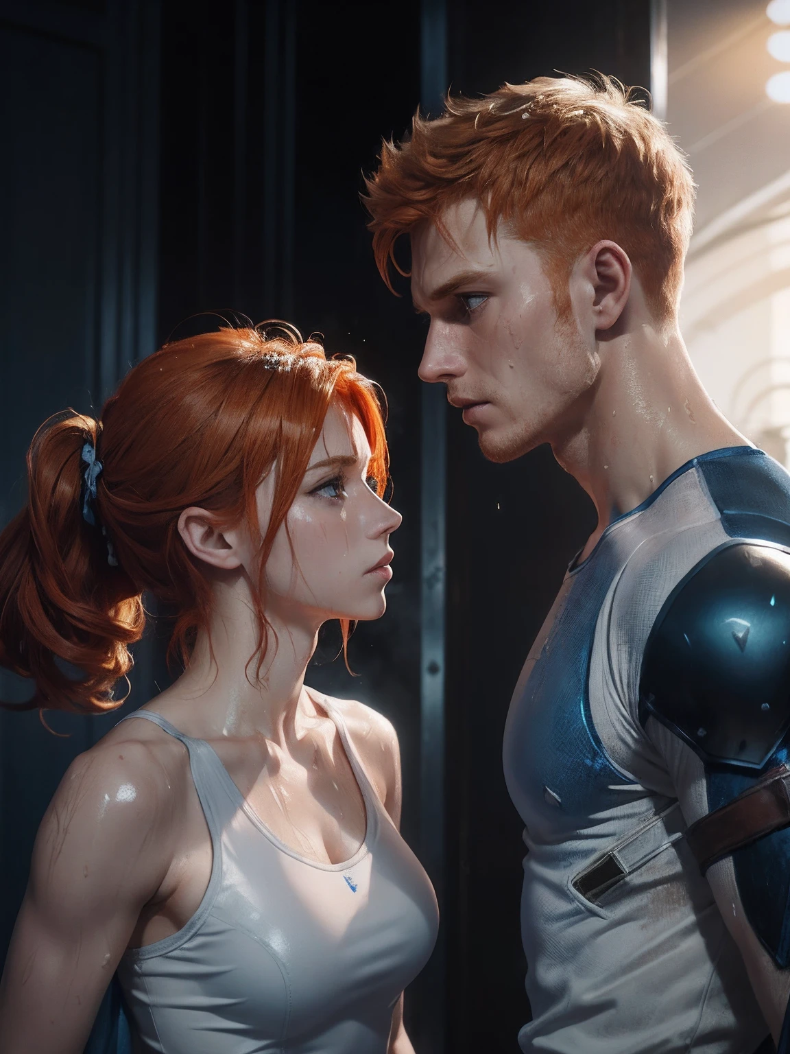 (Image of a ginger-haired British male and female Assassin siblings:1.2), (short spiky male sibling's hair:0.9), (short female sibling's hair:0.9), (pale skin), (detailed sweaty appearance:1.4), (serious face), (both of them wearing white and blue Assassin outfit:1.2), view from front, dynamic pose, (chiaroscuro lighting:0.8), photo realism, intricate face detail, intricate hand details, highly detailed, vibrant colors, cinematic, high definition, trending on Artstation--style raw