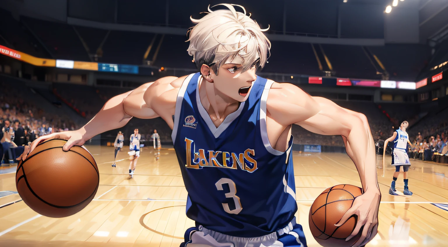 (4K, Best picture quality, A high resolution:1.1), (Masterpiece:1.1),On the basketball court,A basketball student,schoolboy,Tall,musculous,Basketball jersey,white color hair,Scored on layups,victorious,Clear facial expression details