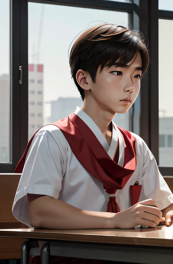 校服, red neckchief, Libido boy, Listen calmly and attentively in the classroom。